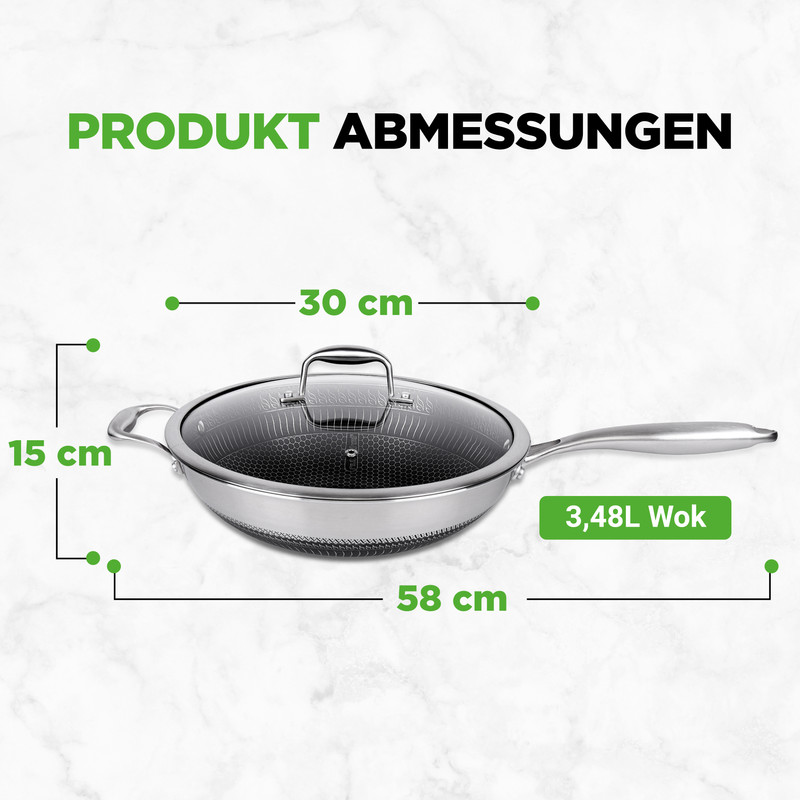 Ein Wok mit Glasdeckel, 58cm lang, 30cm breit und 15cm hoch.