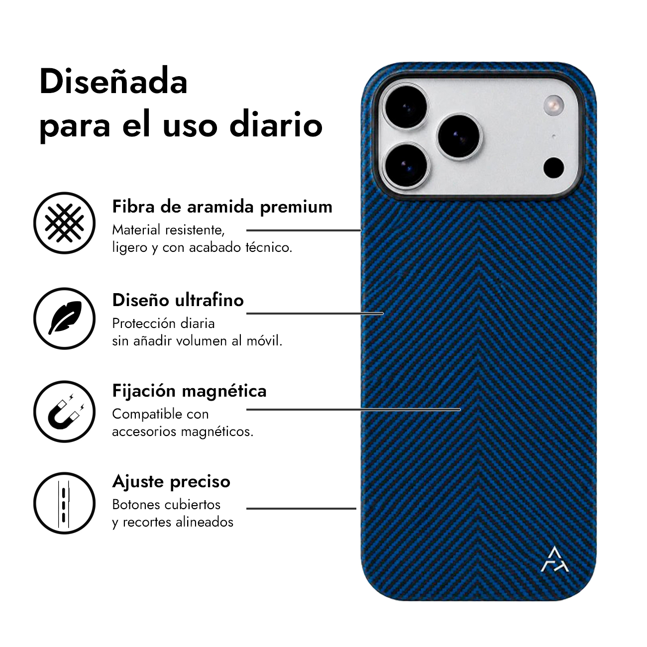 Funda azul para móvil con patrón de espiga. Características: fibra de aramida, diseño fino, magnética.