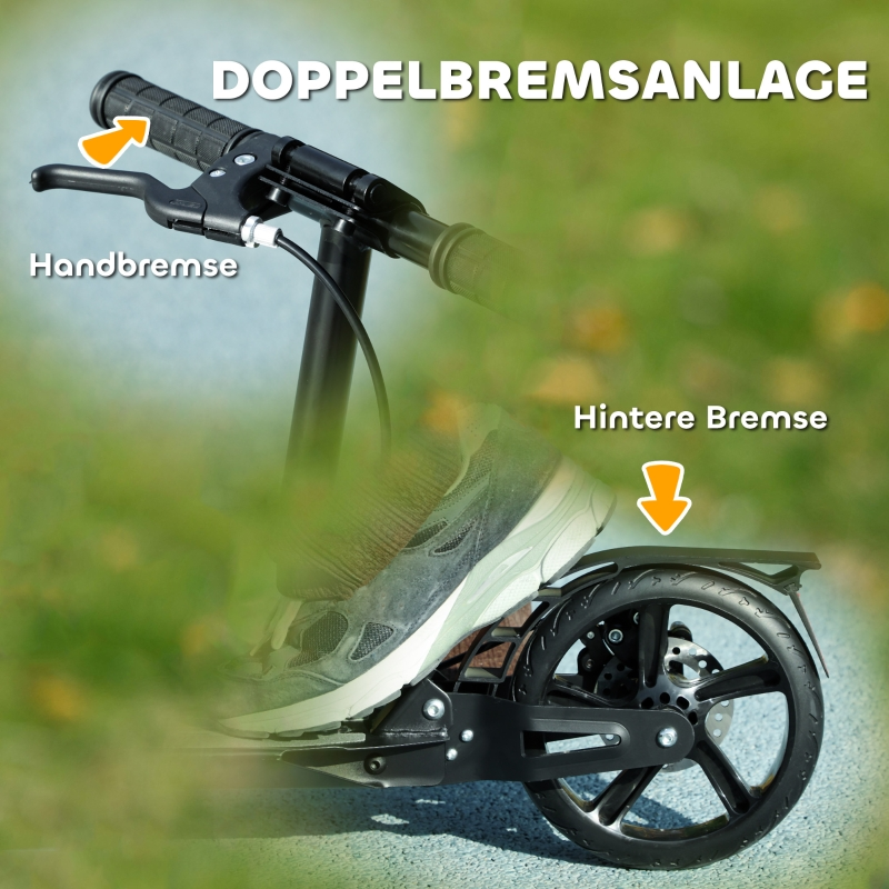 Ein Roller mit Hand- und Fußbremse. Der Griff und das Rad sind zu sehen.