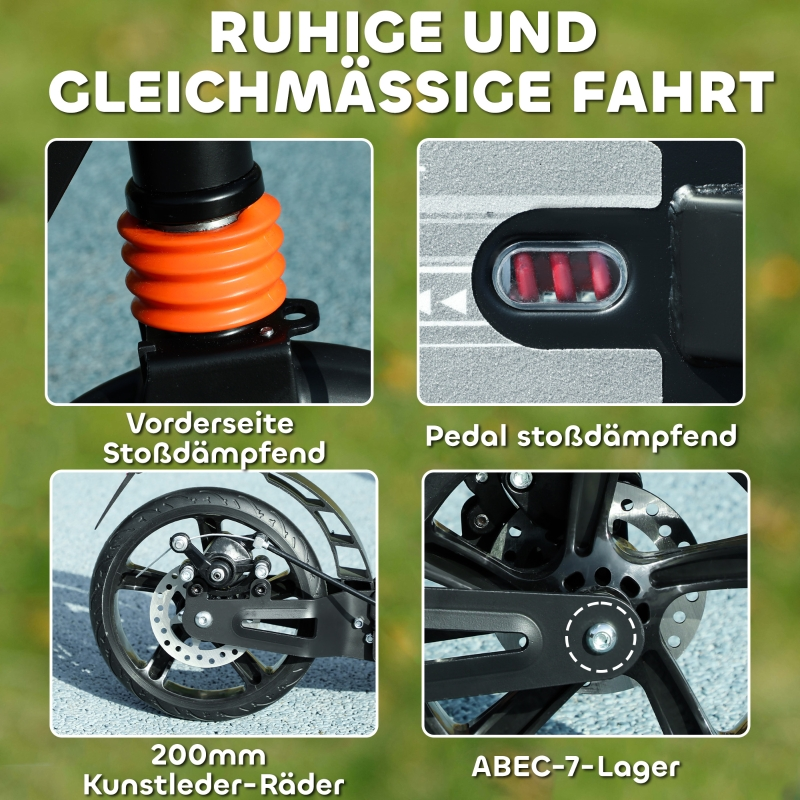Vier Detailansichten eines Rollers: Federung vorne, gedämpftes Pedal, 200mm Räder, ABEC-7 Lager.
