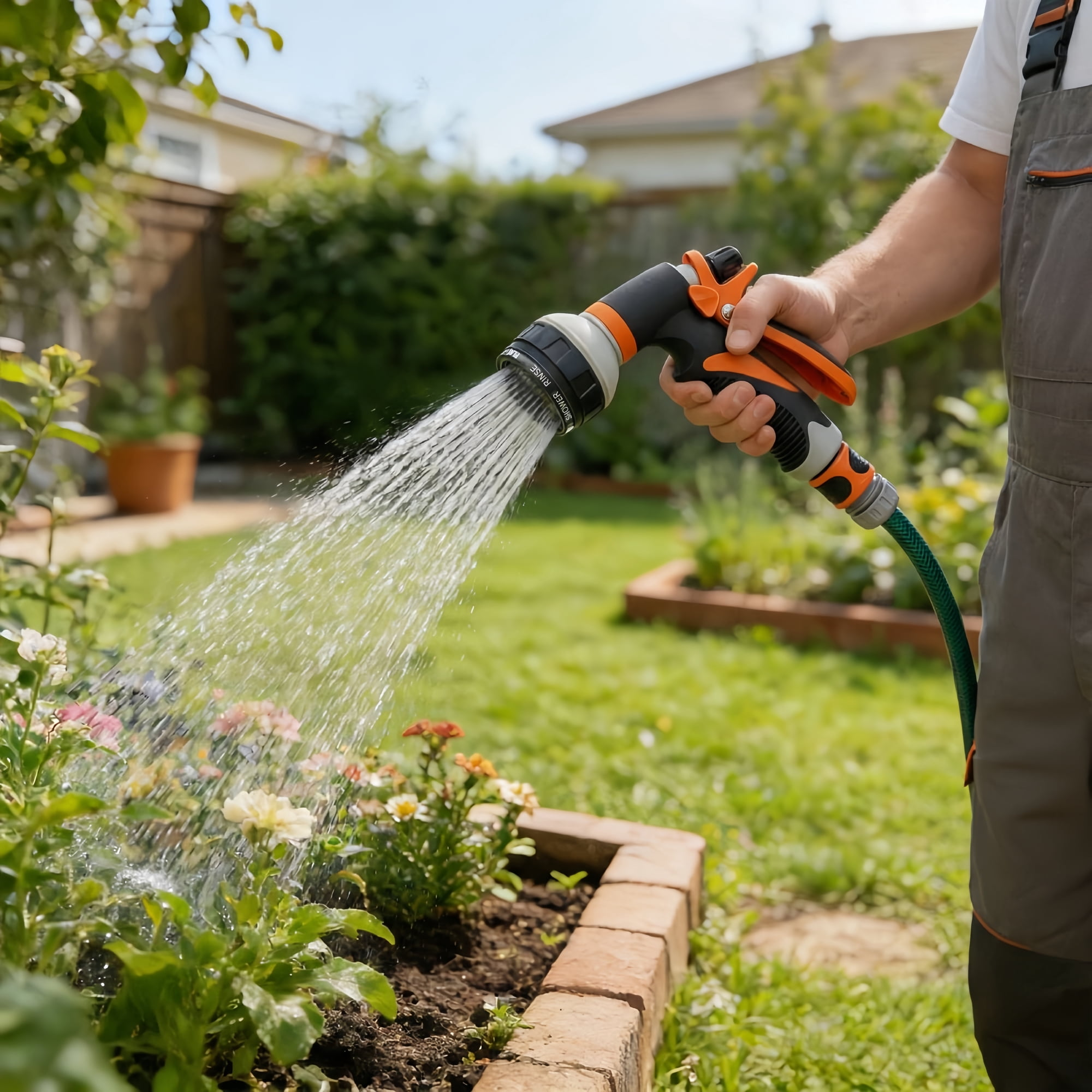 Eine Person in Latzhose bewässert Blumen mit einem Schlauch im Garten.