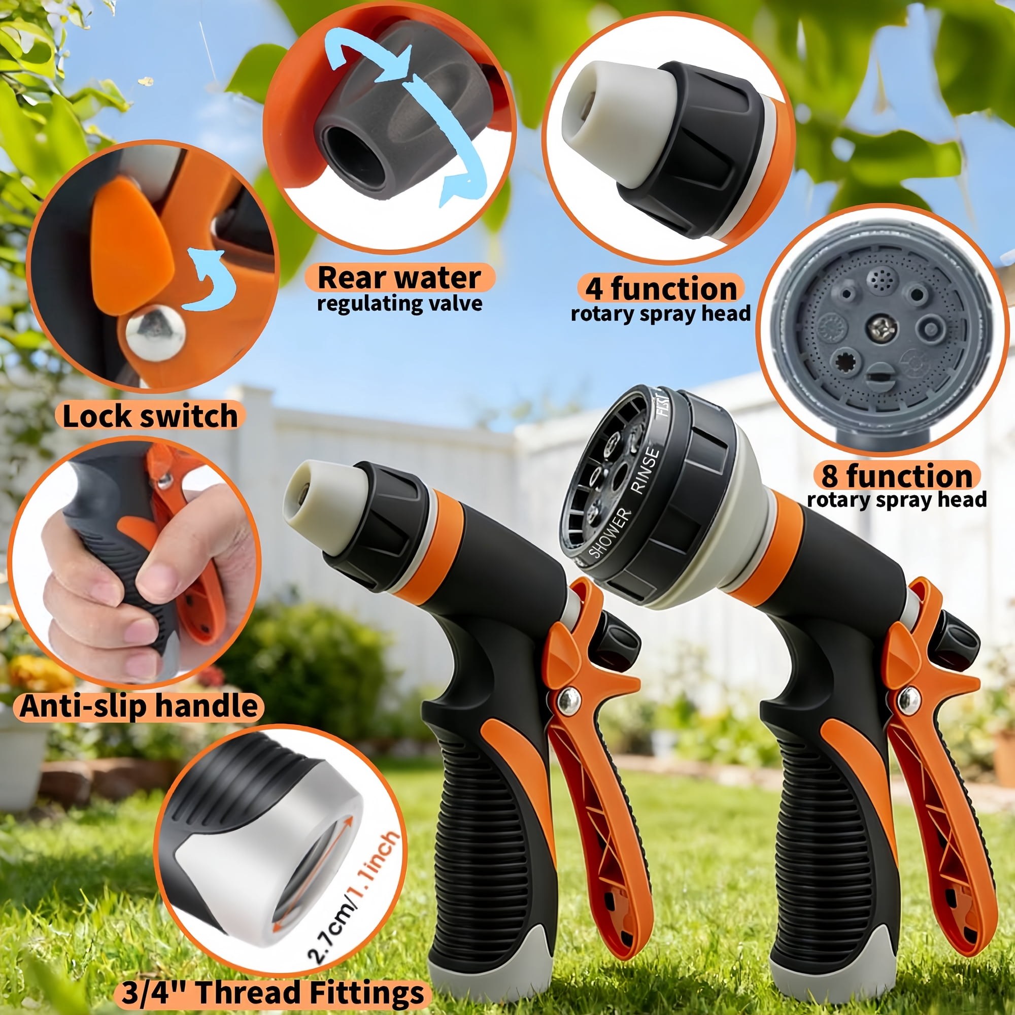 Zwei Gartenschläuche mit orange-schwarzem Design, verstellbaren Düsen und Griffen.