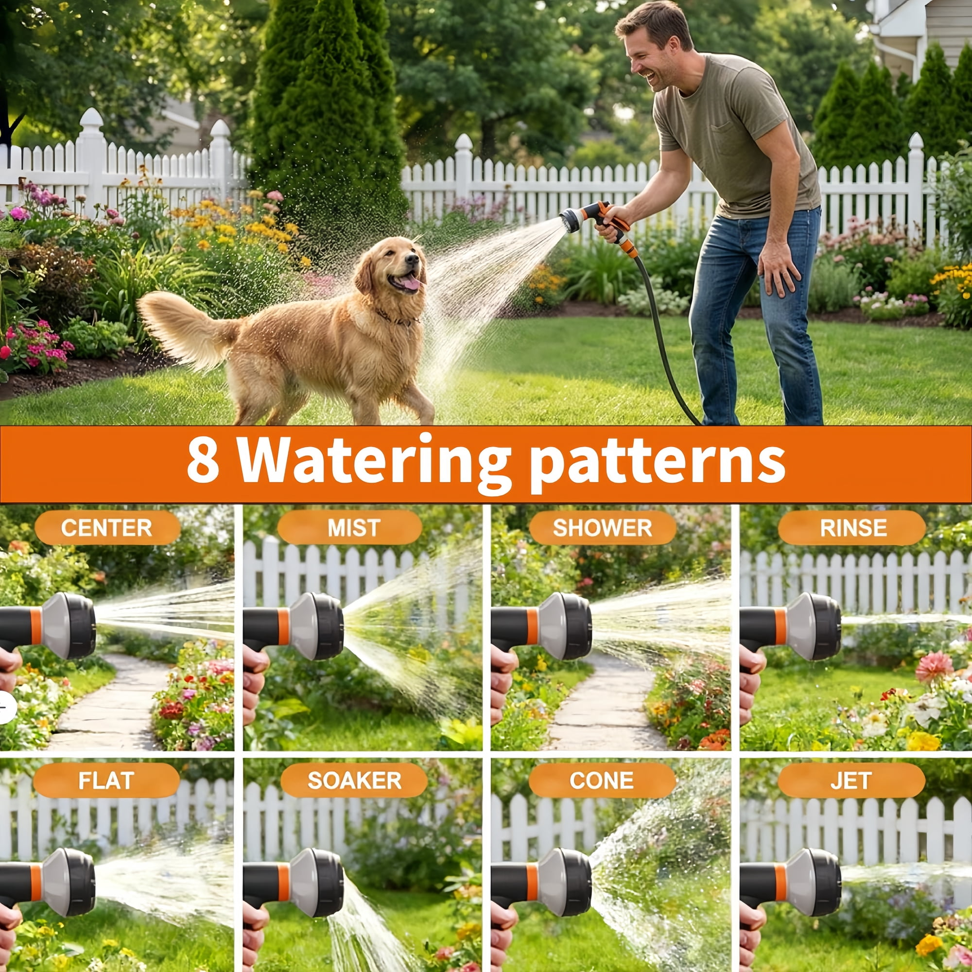 Mann wäscht Hund im Garten mit Gartenschlauch, zeigt 8 Bewässerungsmuster.