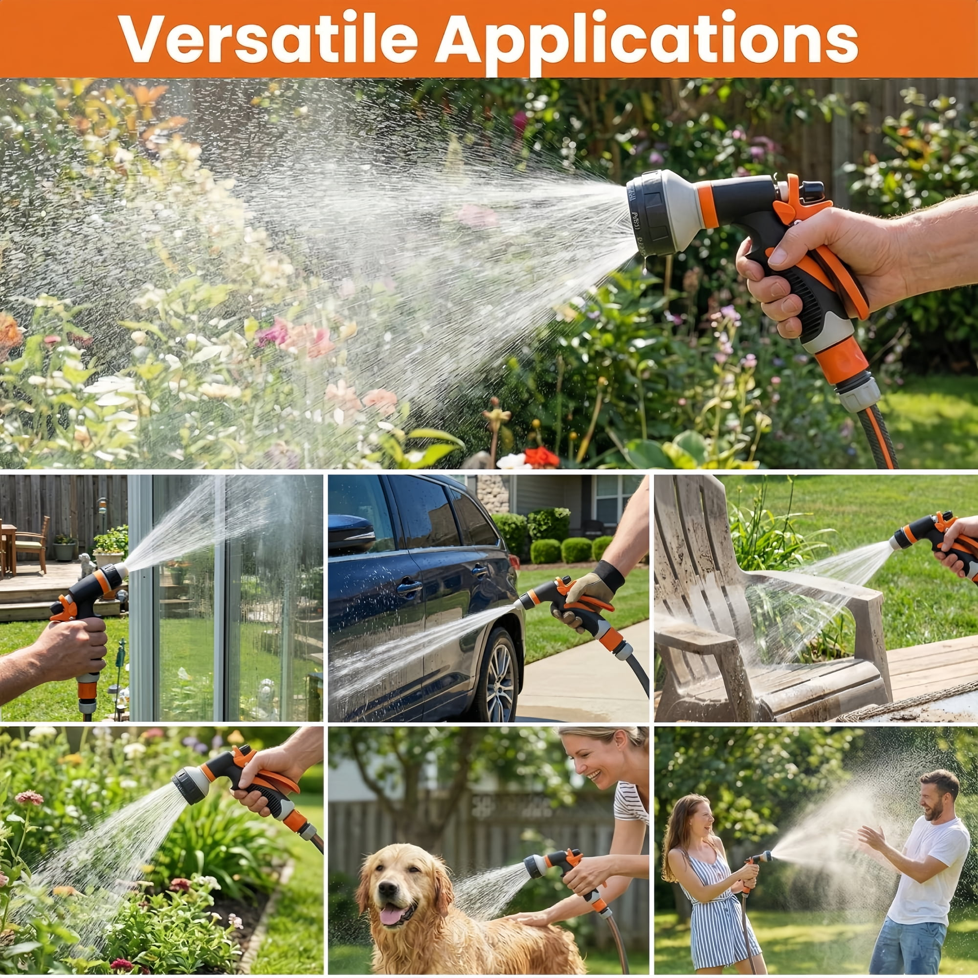 Gartenarbeit, Autowäsche, Hundebaden, Terrassenreinigung und Wasserspaß mit Gartenschlauch.