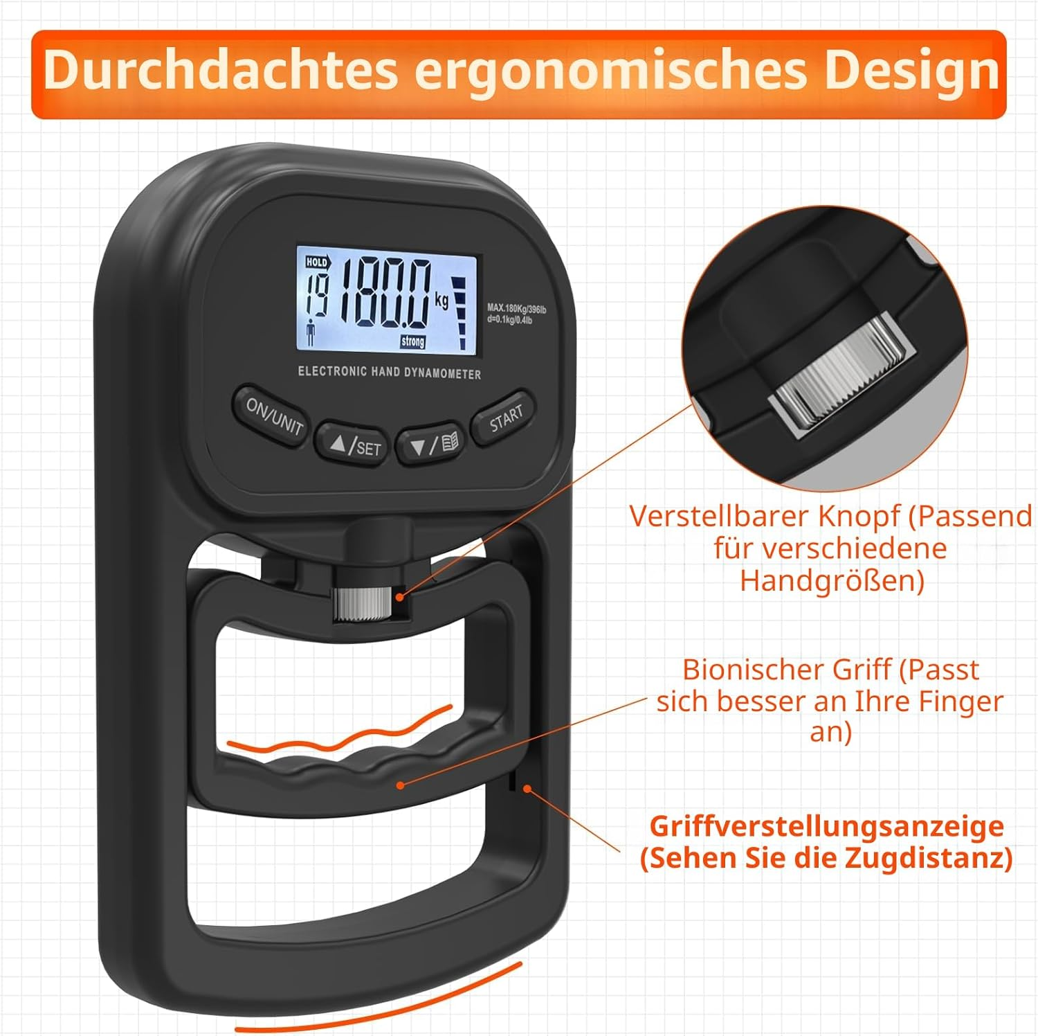 Schwarzer elektronischer Handdynamometer mit LCD-Anzeige, Griff und Knöpfen.