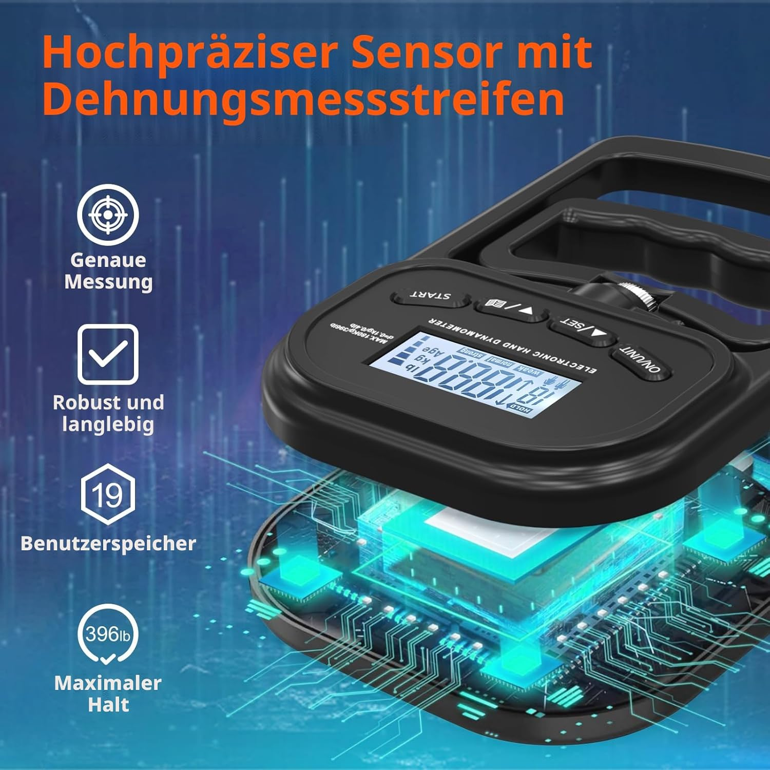 Ein elektronischer Handdynamometer mit Bildschirm und Griff, mit digitalen Werten.