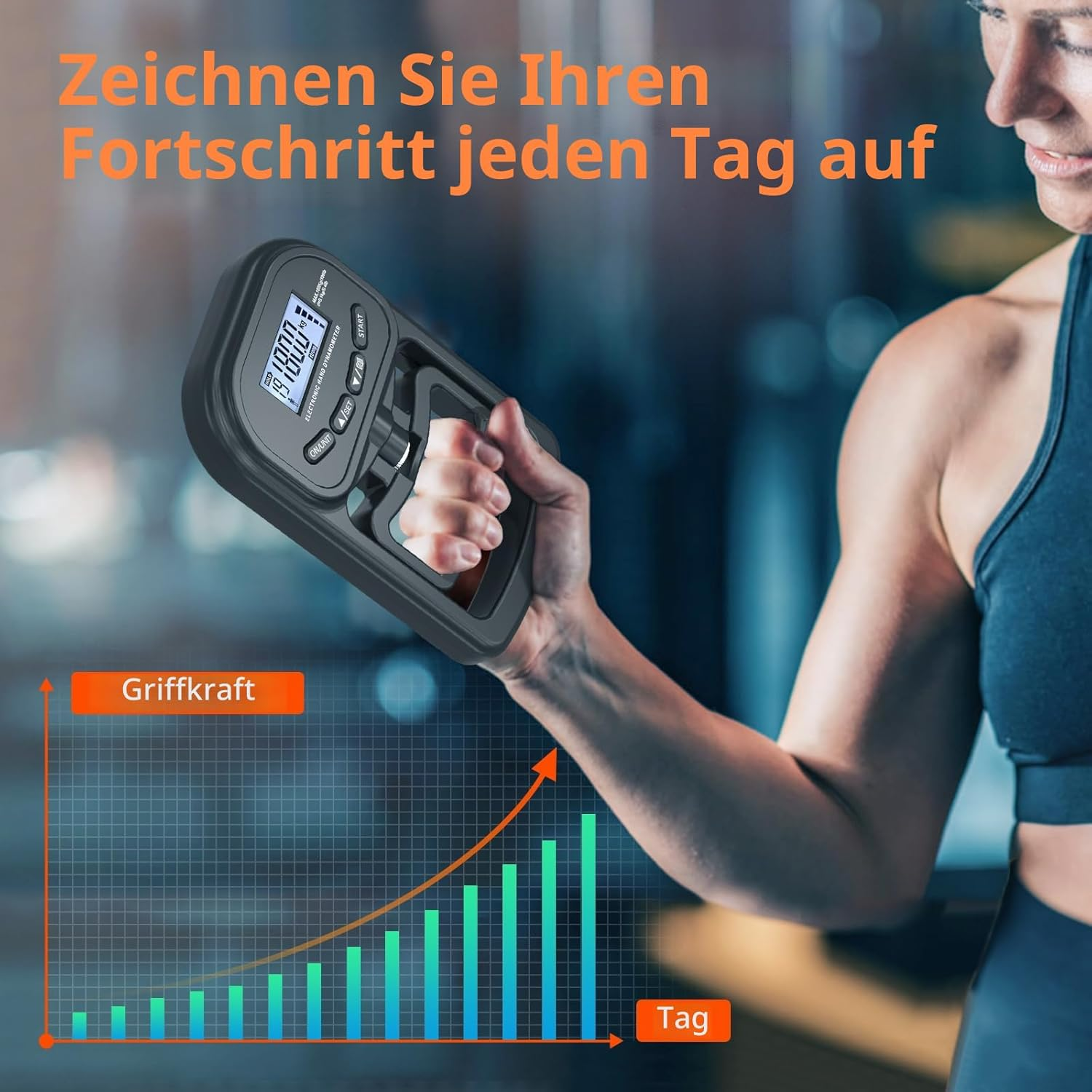 Eine Hand benutzt einen Handdynamometer vor einem Diagramm, das den Fortschritt zeigt.
