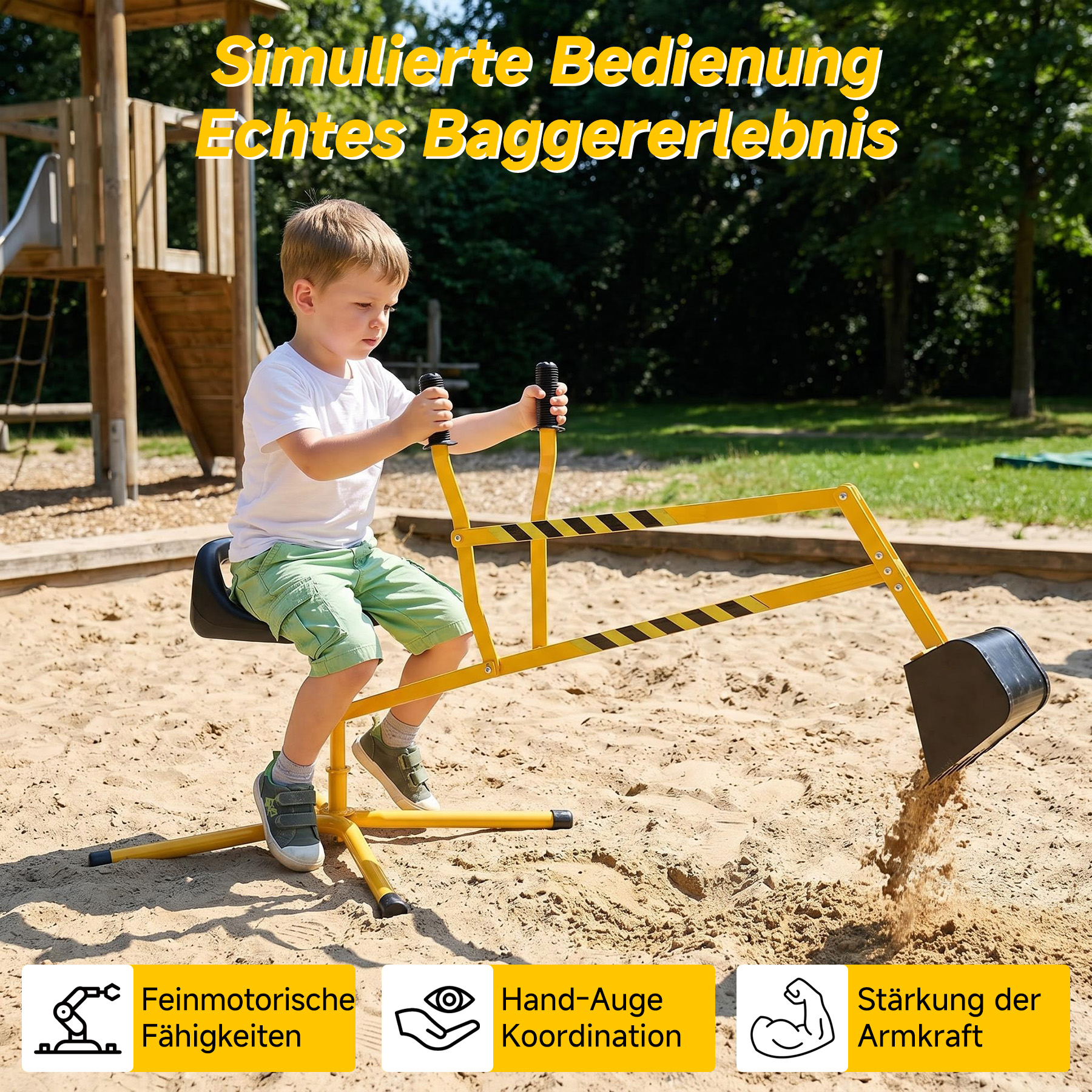 Ein Junge sitzt auf einem gelben Bagger im Sandkasten und gräbt.