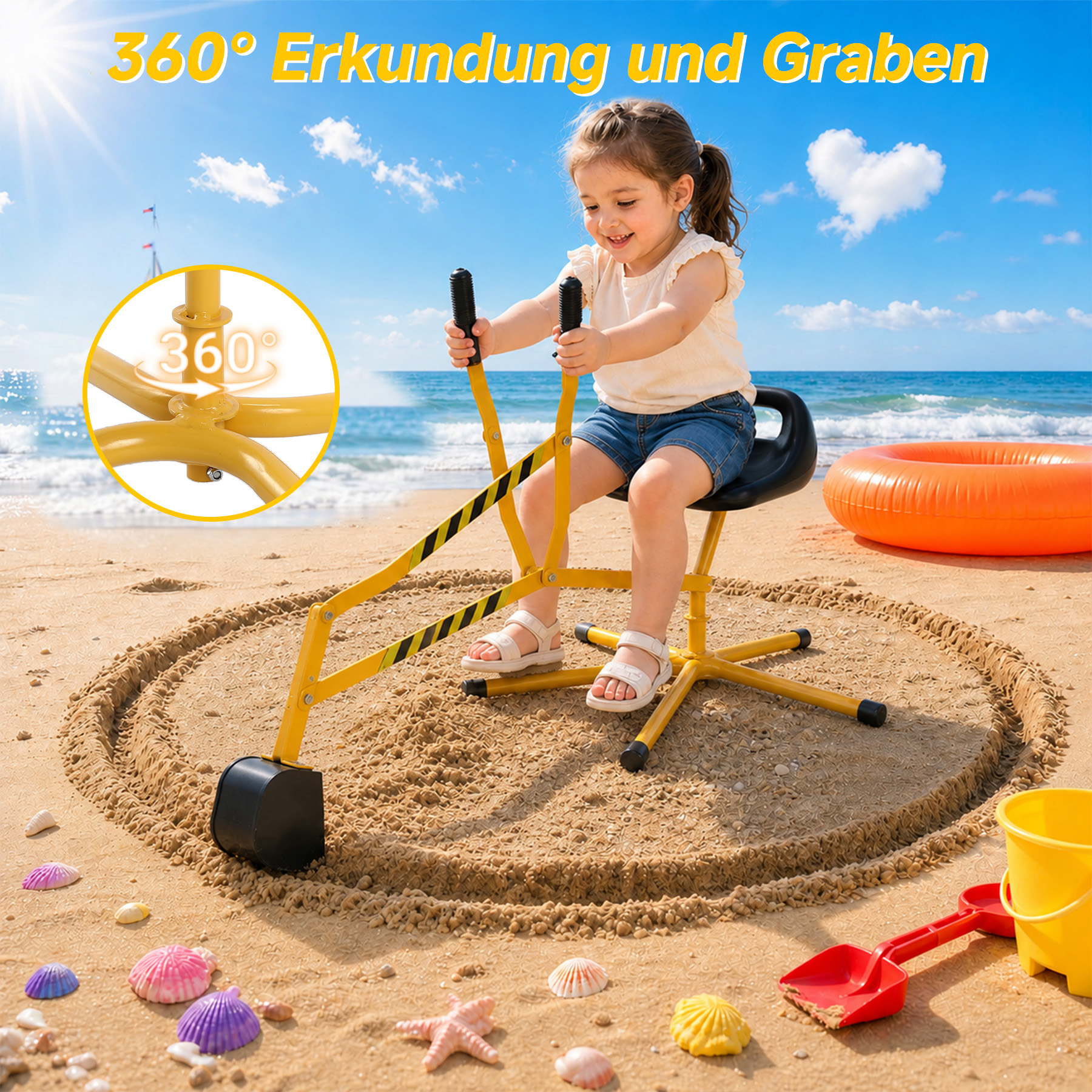 Ein kleines Mädchen sitzt auf einem gelben Bagger am Strand.
