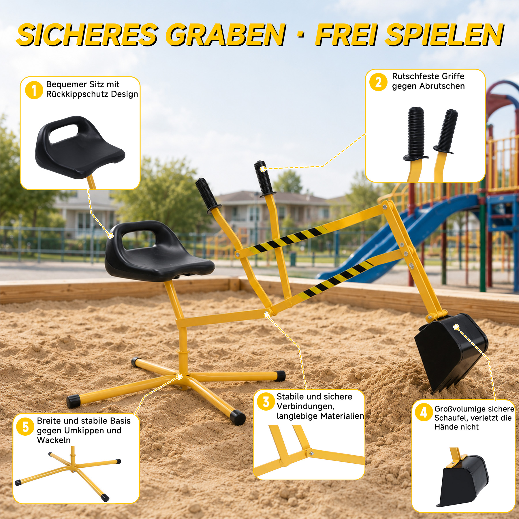 Gelber Bagger mit schwarzem Sitz und Schaufel im Sandkasten, Spielplatz im Hintergrund.