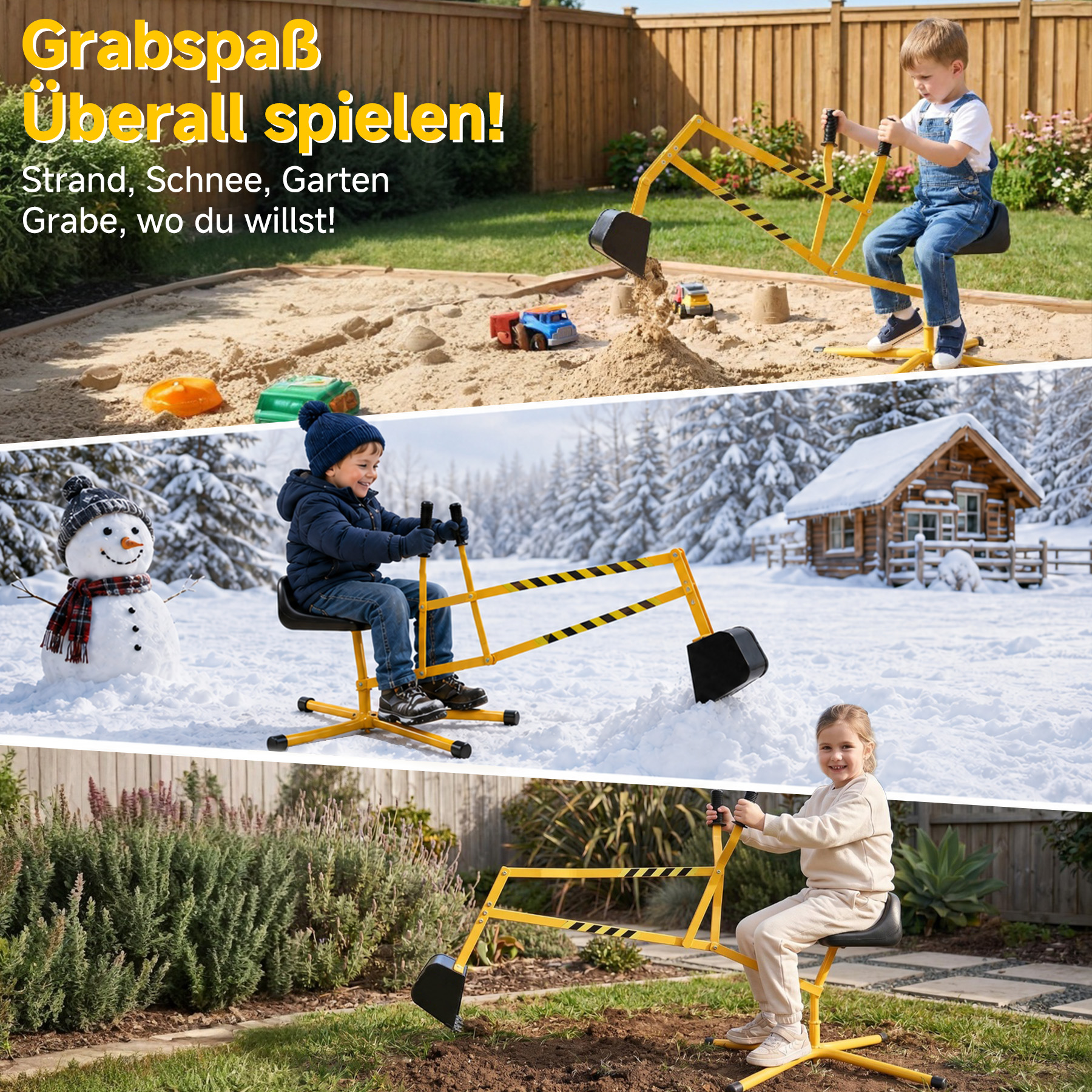 Kinder spielen mit einem Bagger-Spielzeug im Sand, Schnee und Garten.