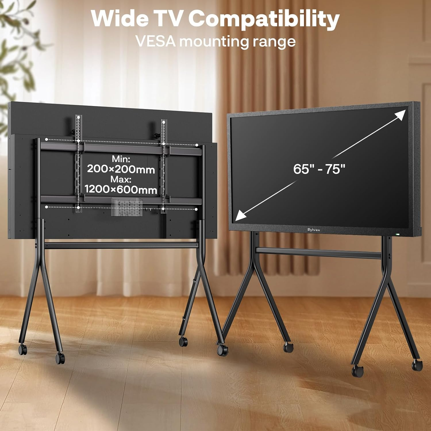 Ein TV-Ständer mit Rädern zeigt einen 65-75 Zoll großen Fernseher und die Rückseite mit VESA-Maßen.