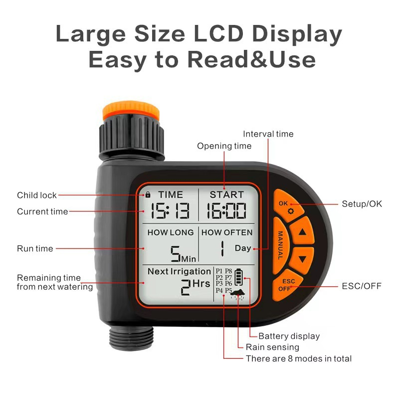 Ein schwarzes digitales Bewässerungsgerät mit orangefarbenem Knopf und LCD-Display.