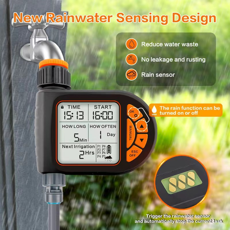 Ein digitaler Bewässerungszeitschaltuhr mit Regen-Sensor, der an einen Wasserhahn angeschlossen ist.