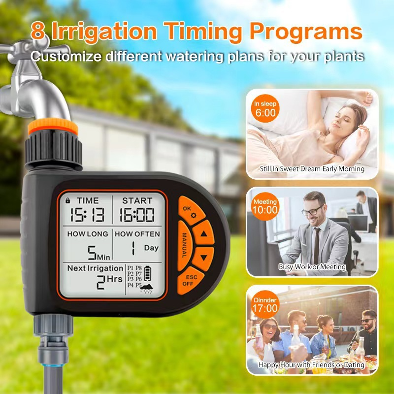 Digitaler Timer mit Wasserhahn, zeigt 8 Bewässerungsprogramme, Schlaf, Meeting, Abendessen.