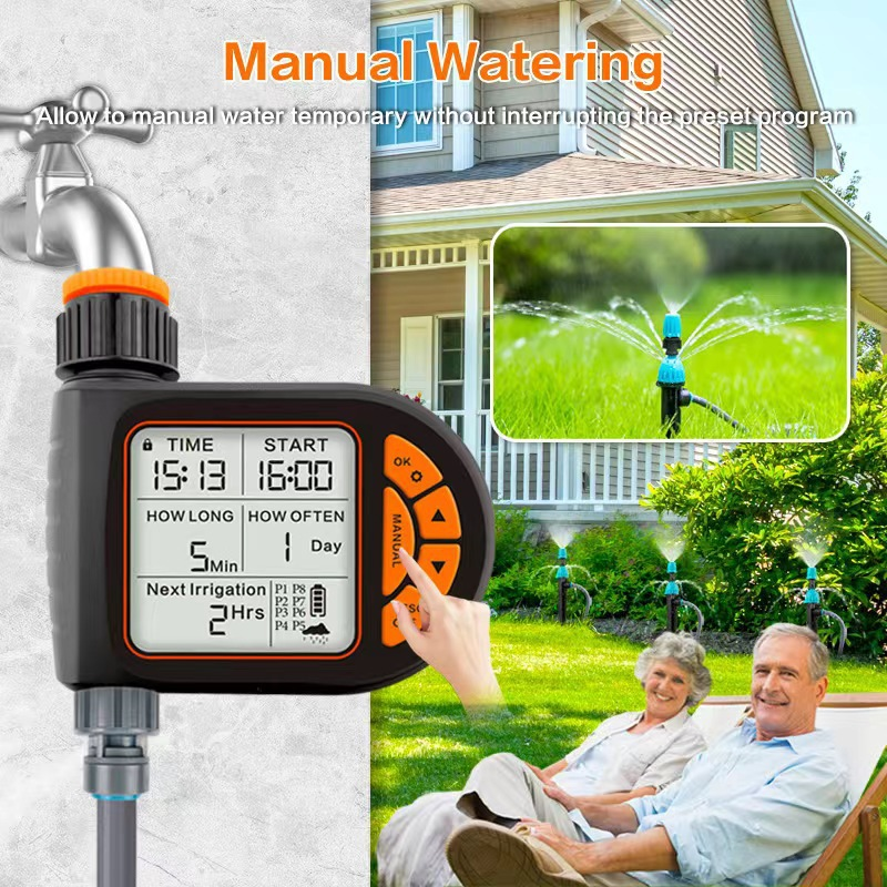 Gartenbewässerungs-Timer mit LCD-Display, der an einen Wasserhahn angeschlossen ist.