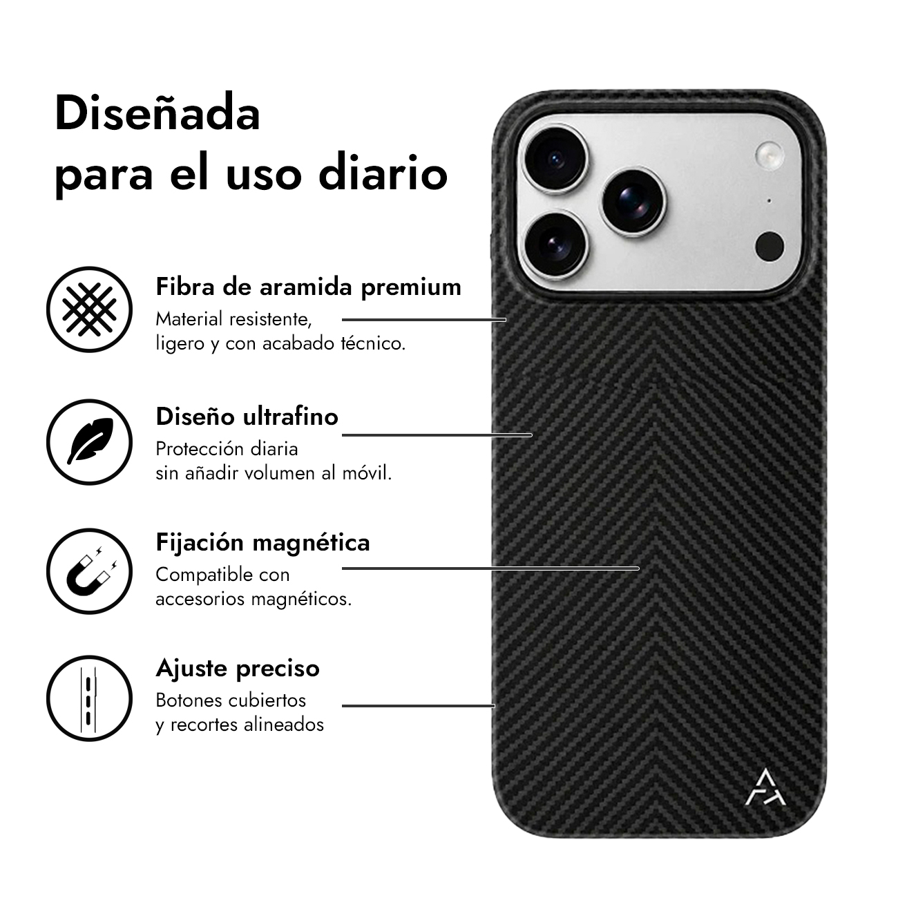 Funda negra para teléfono con textura de fibra de carbono, mostrando recorte de cámara y características.