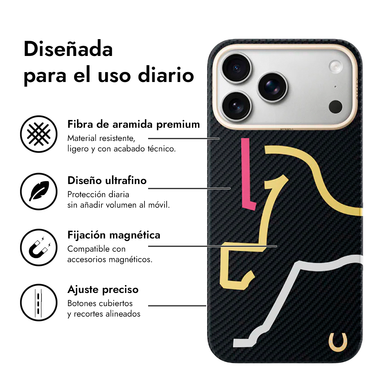 Funda de teléfono negra con diseño de caballo estilizado en amarillo, rosa y blanco.