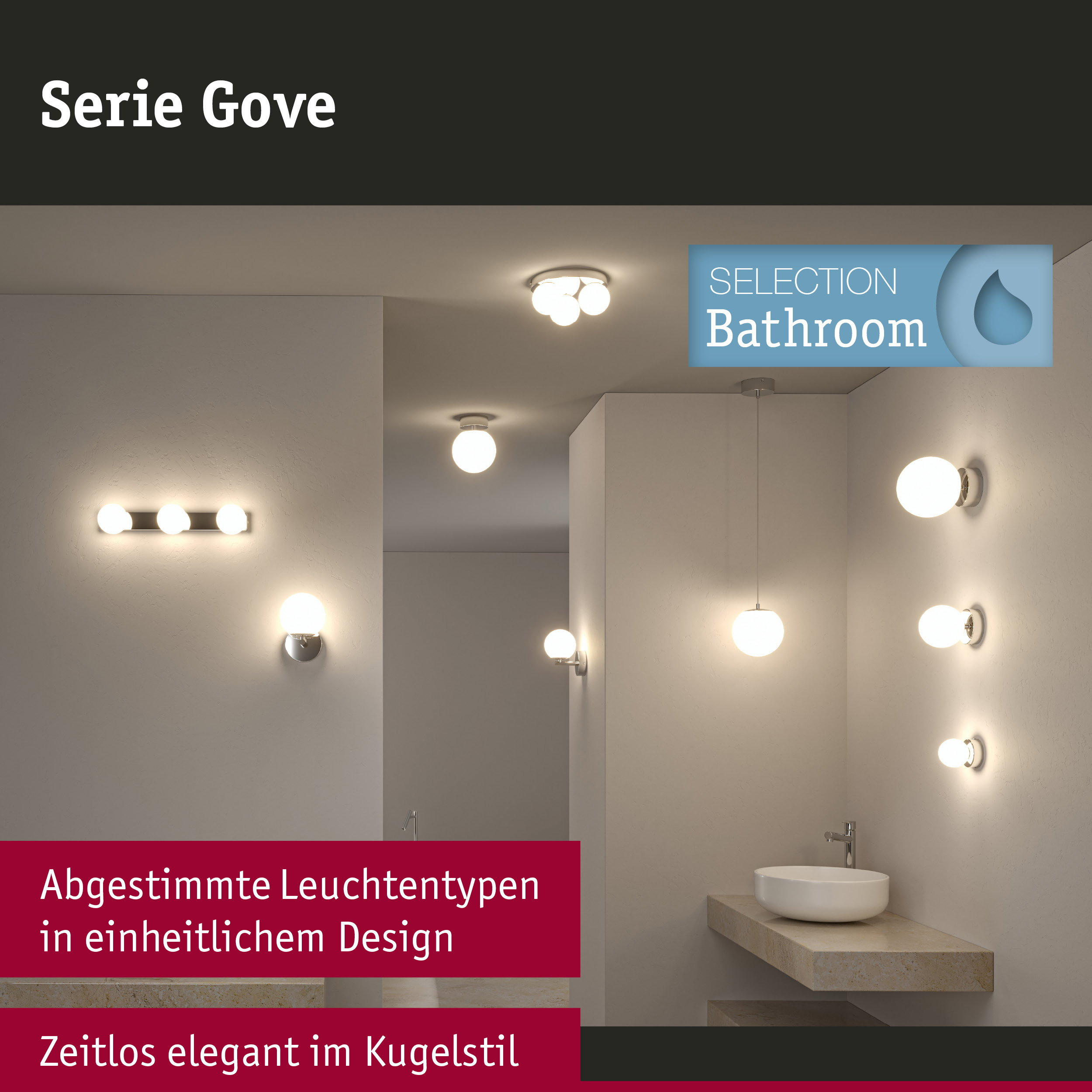 Badezimmerleuchten der Serie Gove im Kugelstil.