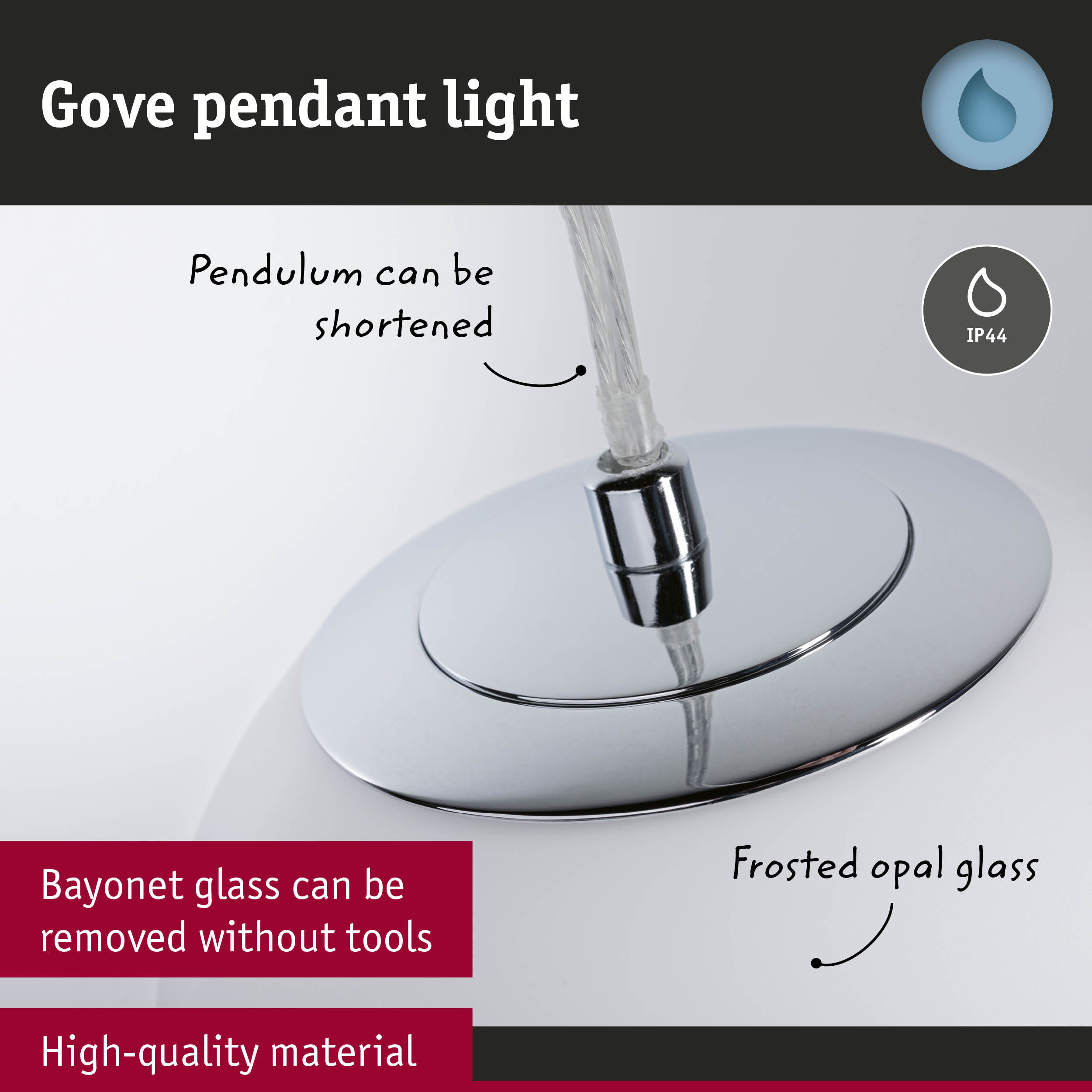 Gove Pendelleuchte mit IP44-Schutz und Frosted Opalglas.