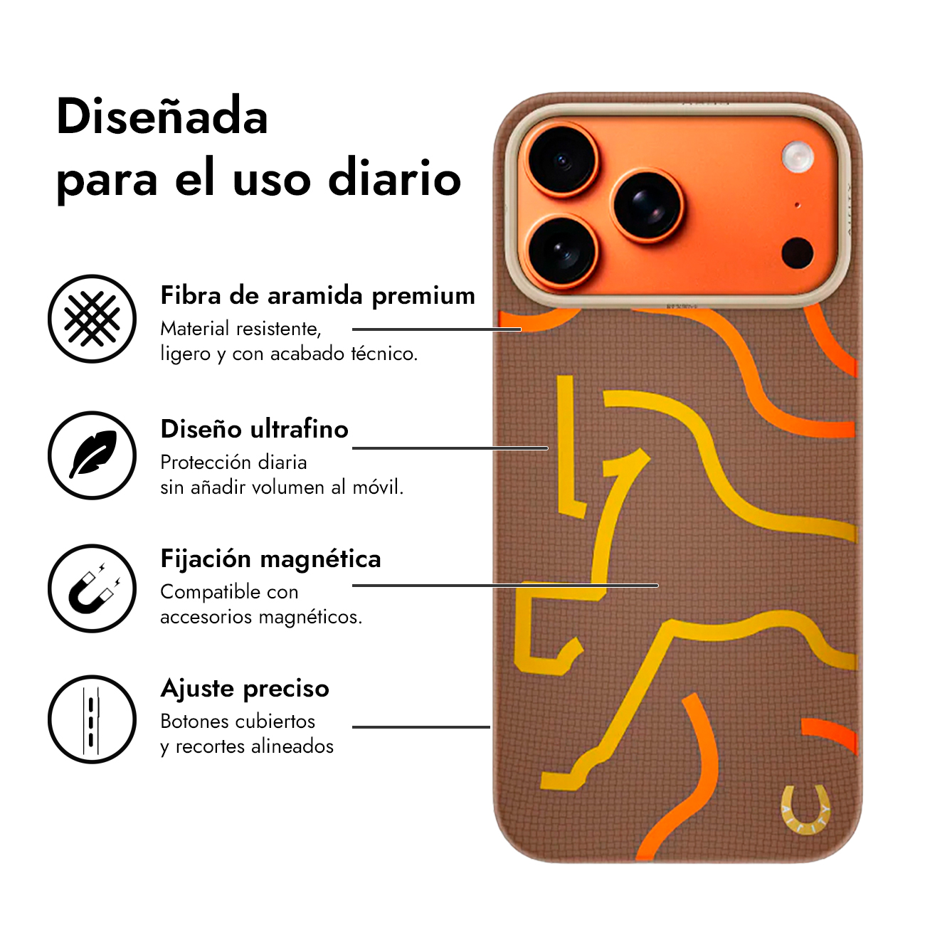 Funda de teléfono marrón con módulo de cámara naranja y líneas.