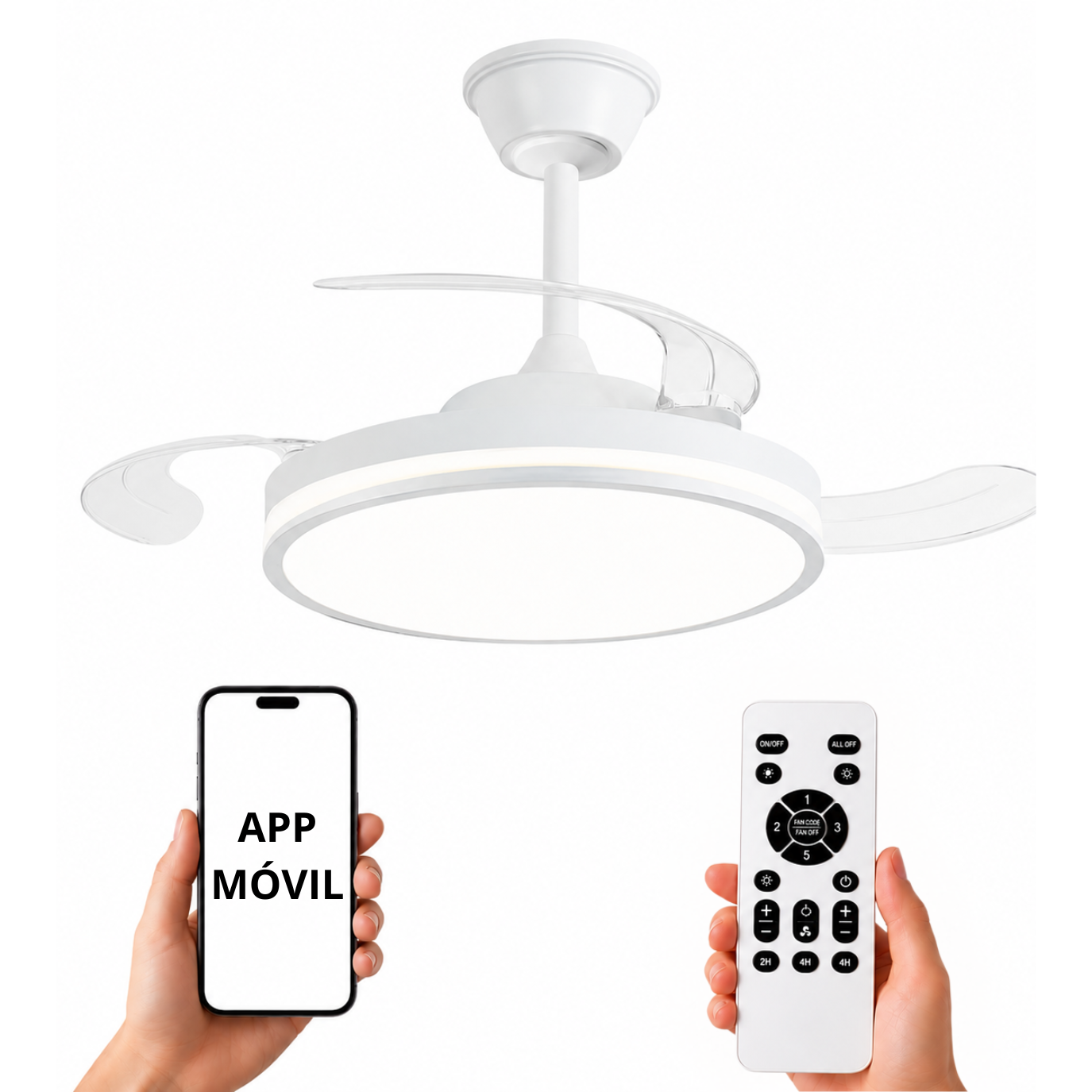 Una lámpara de ventilador de techo blanca con mando a distancia y smartphone.