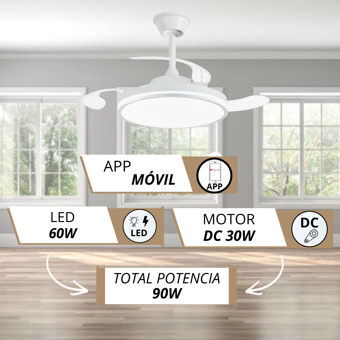 Ventilador de techo blanco con luz LED, control por app, LED 60W, motor DC 30W.