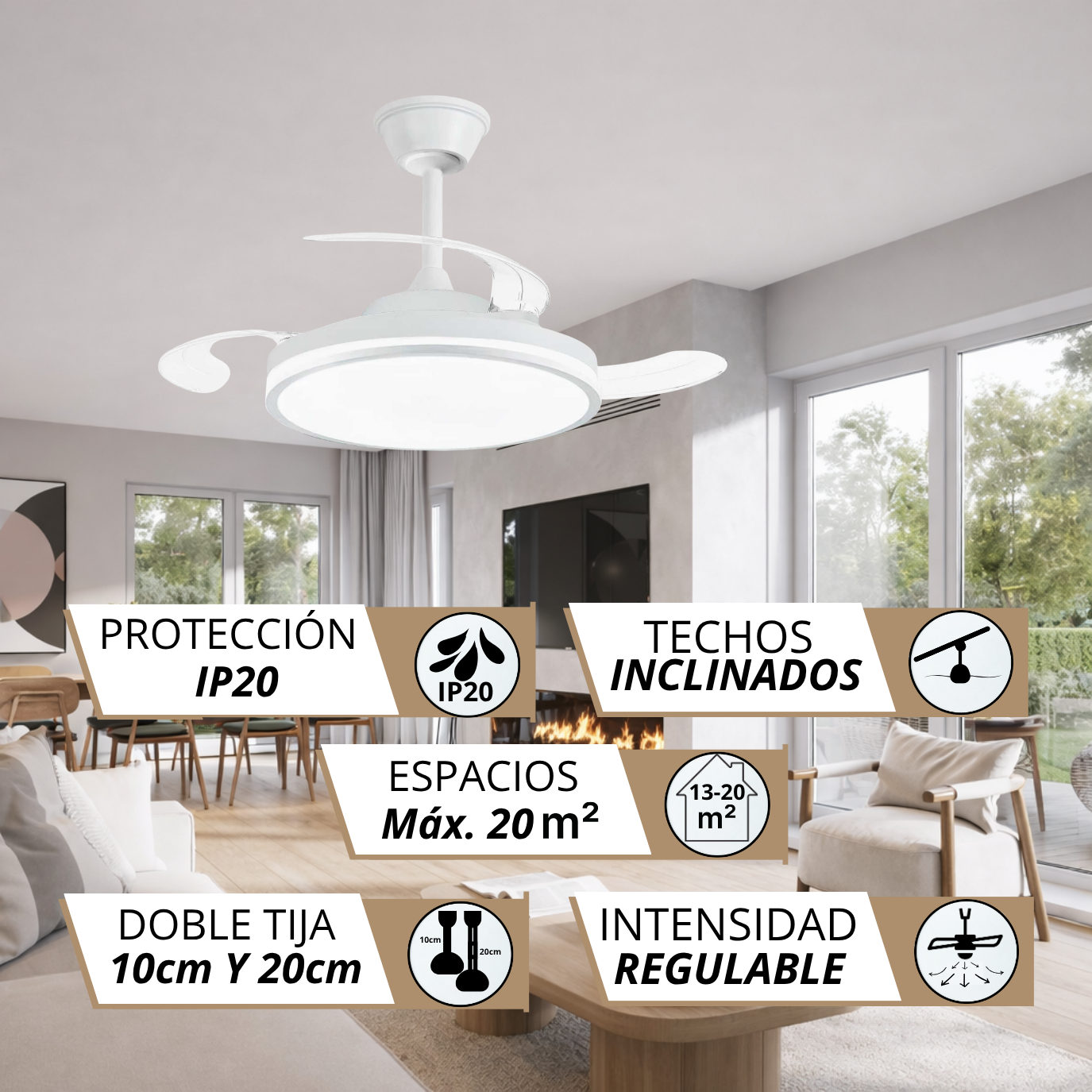 Ventilador de techo blanco moderno con luz LED en una sala de estar.