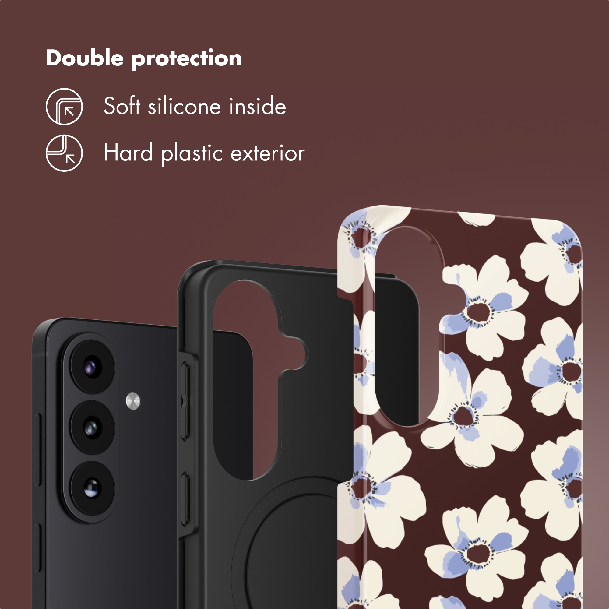 Telefono nero con custodia floreale, interno in silicone morbido, esterno in plastica dura.
