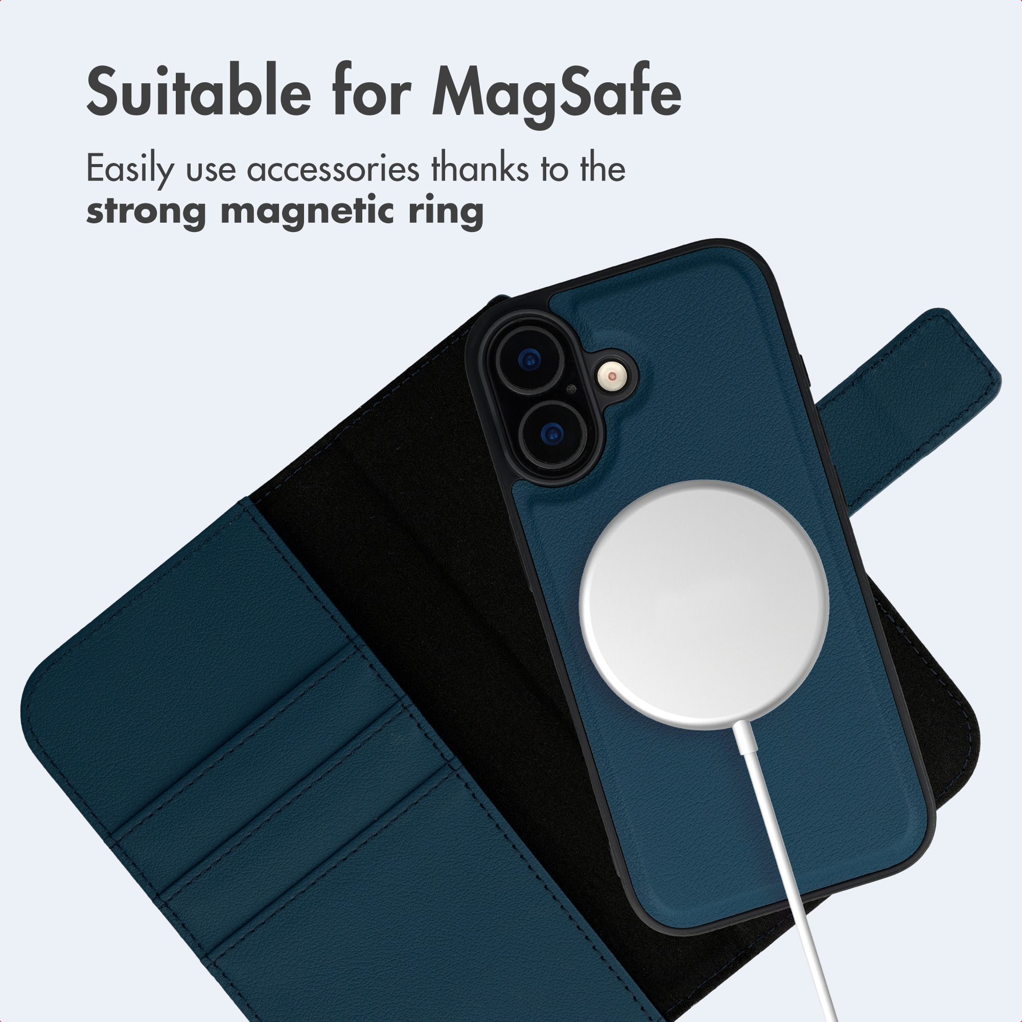 Dunkelblaues Handycover mit MagSafe-Ladegerät und Kartenfächern.