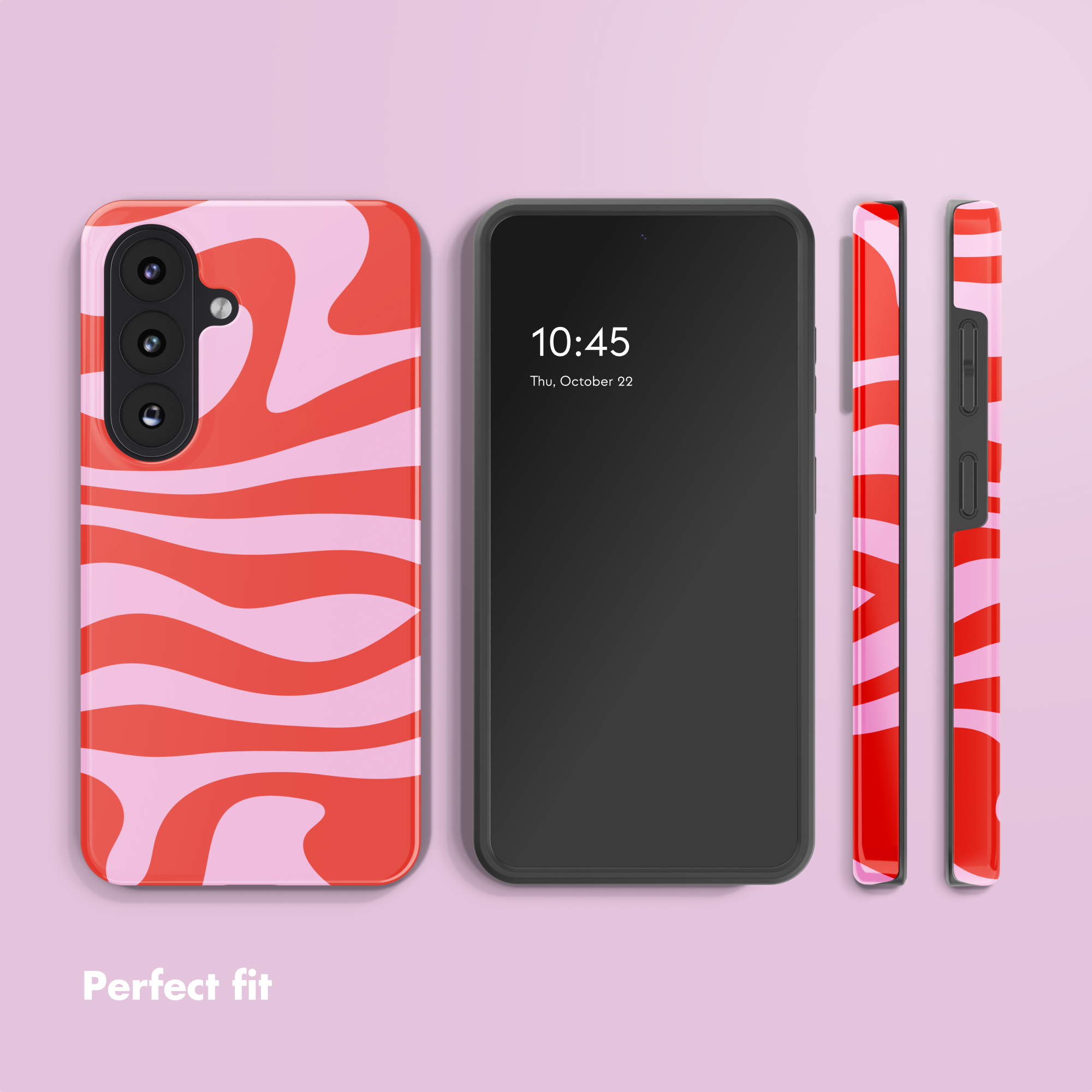 Uno smartphone con una custodia a motivo ondulato rosso e rosa chiaro accanto.
