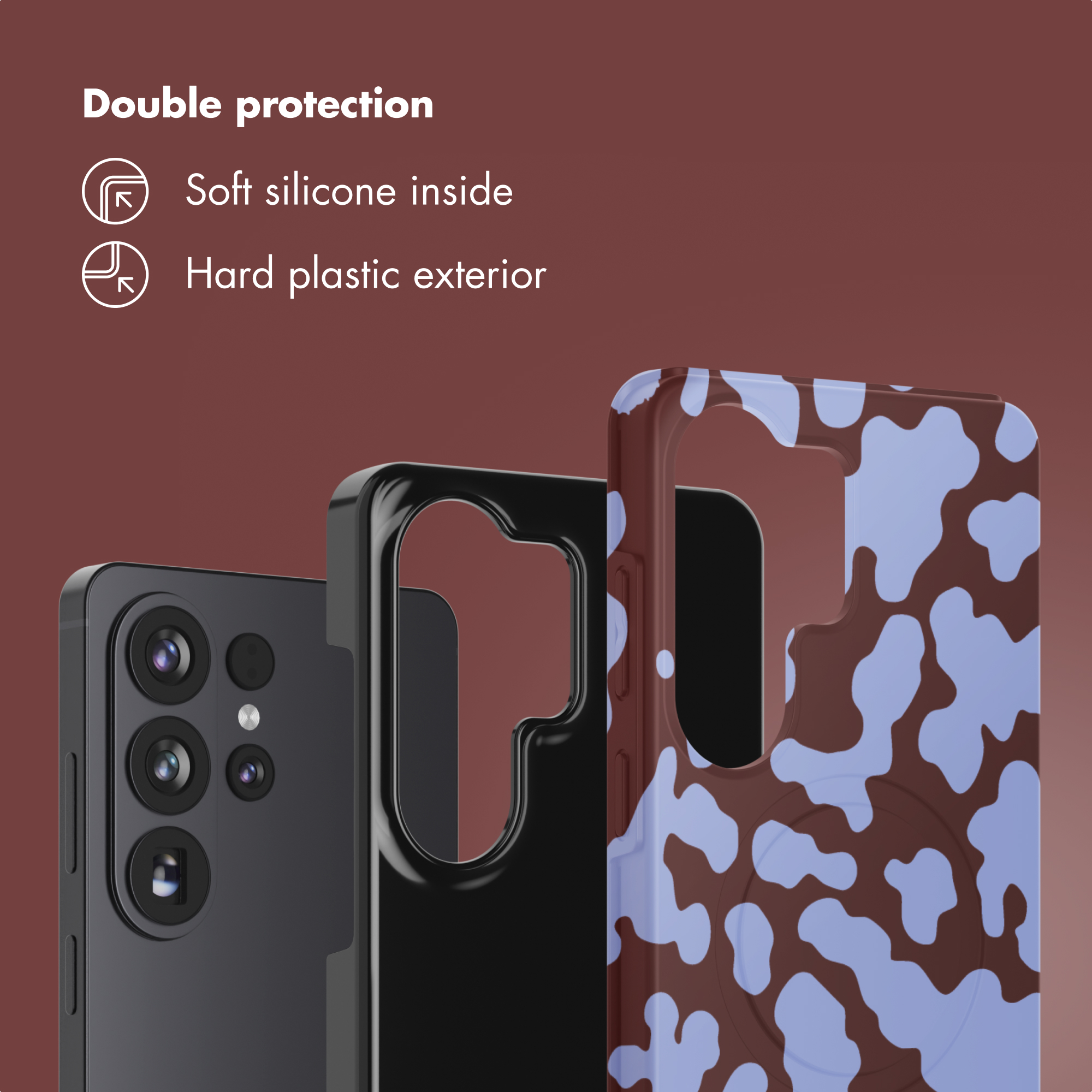 Uno smartphone nero con modulo fotocamera e due custodie per telefono accanto.
