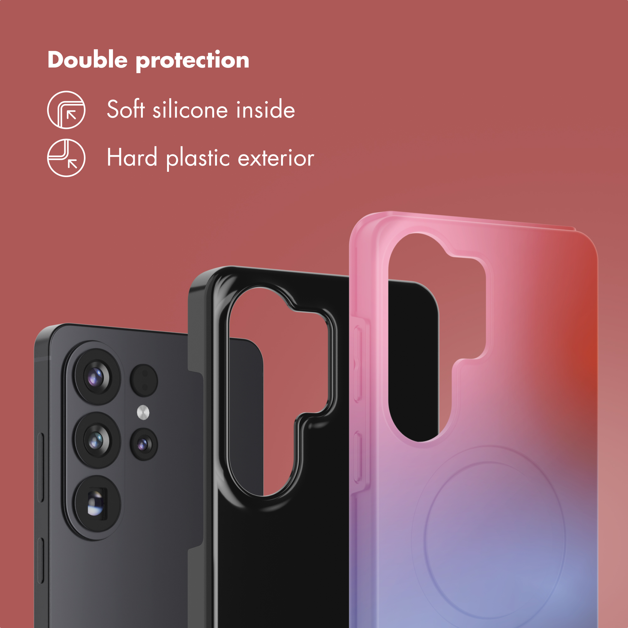 Tre custodie per telefono nere, rosse e blu su sfondo rosso.