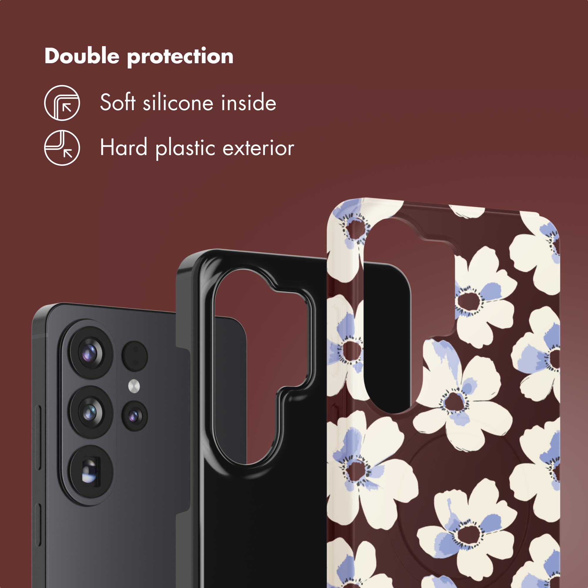 Un smartphone con tres cámaras y una funda floral.