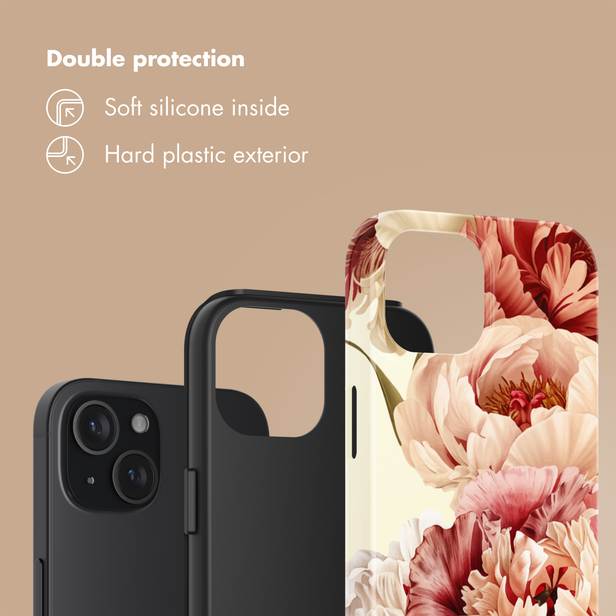 Un telefono nero con custodia floreale. Doppia protezione: silicone morbido.