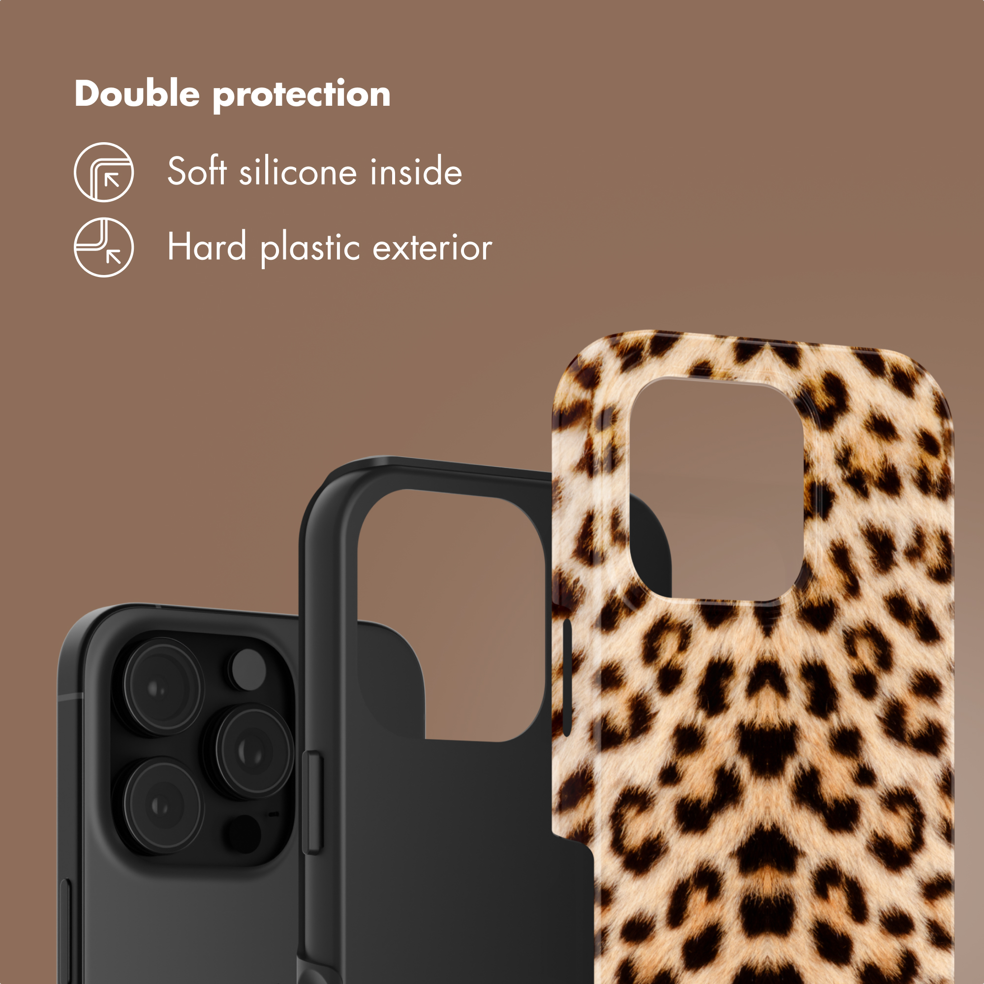 Cover nera per telefono con stampa leopardata, mostra due parti.