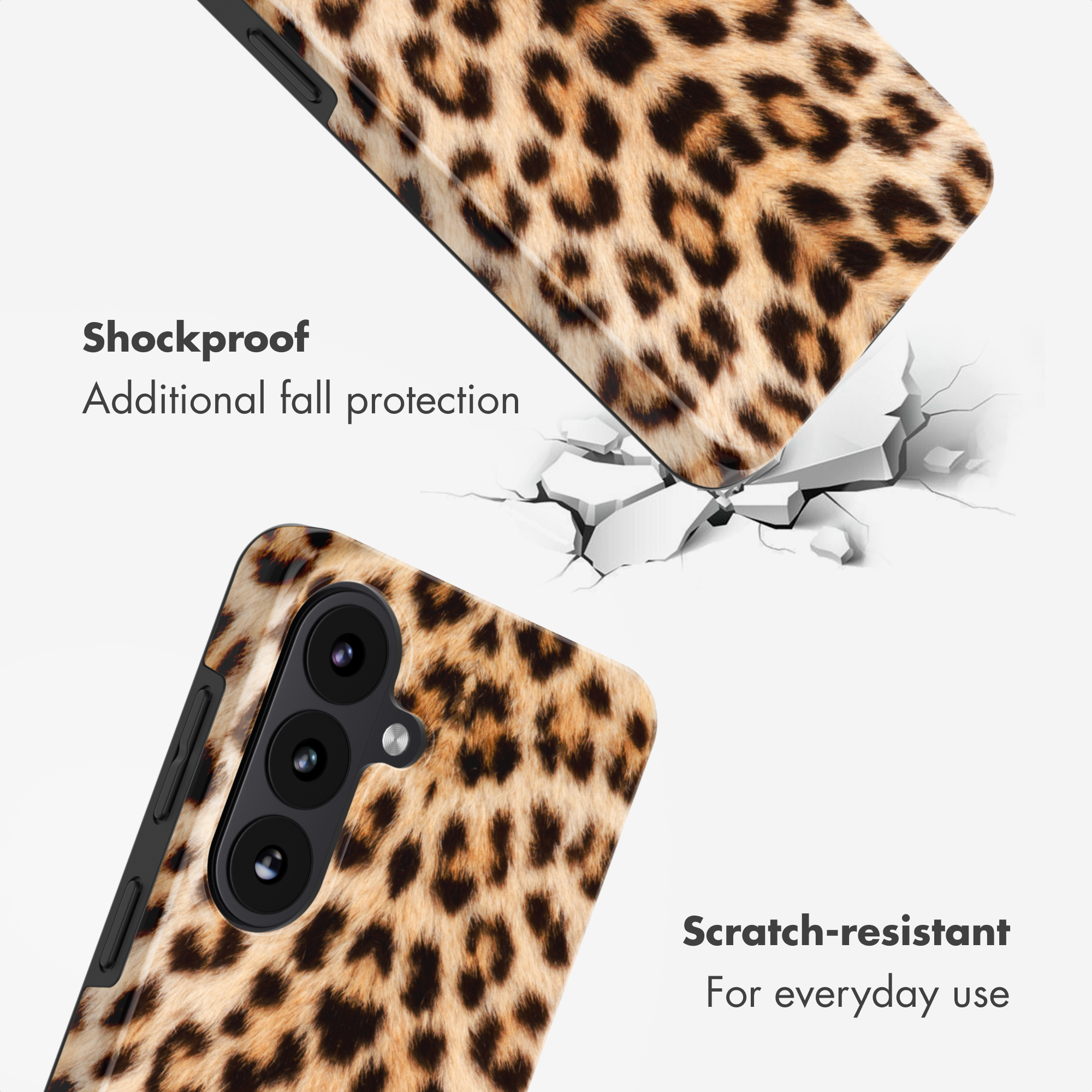 Due custodie per telefono con stampa leopardata, una che sfonda una superficie bianca.