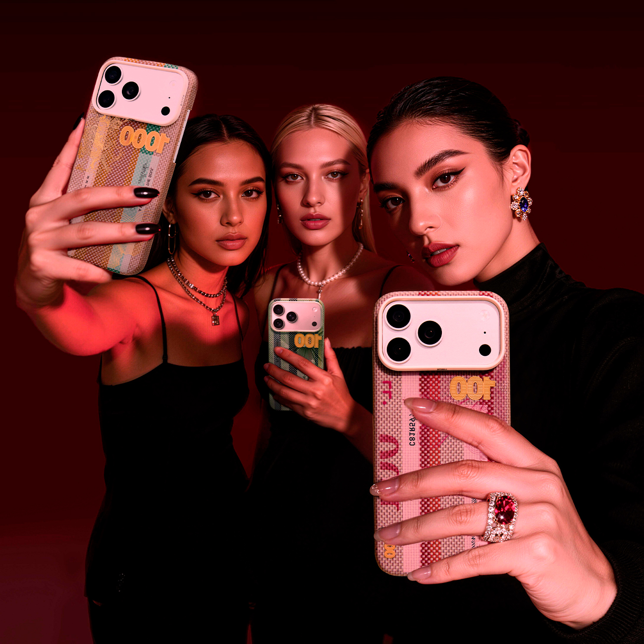 Tres mujeres con vestidos negros sostienen teléfonos con diseños de billetes. Fondo rojo.