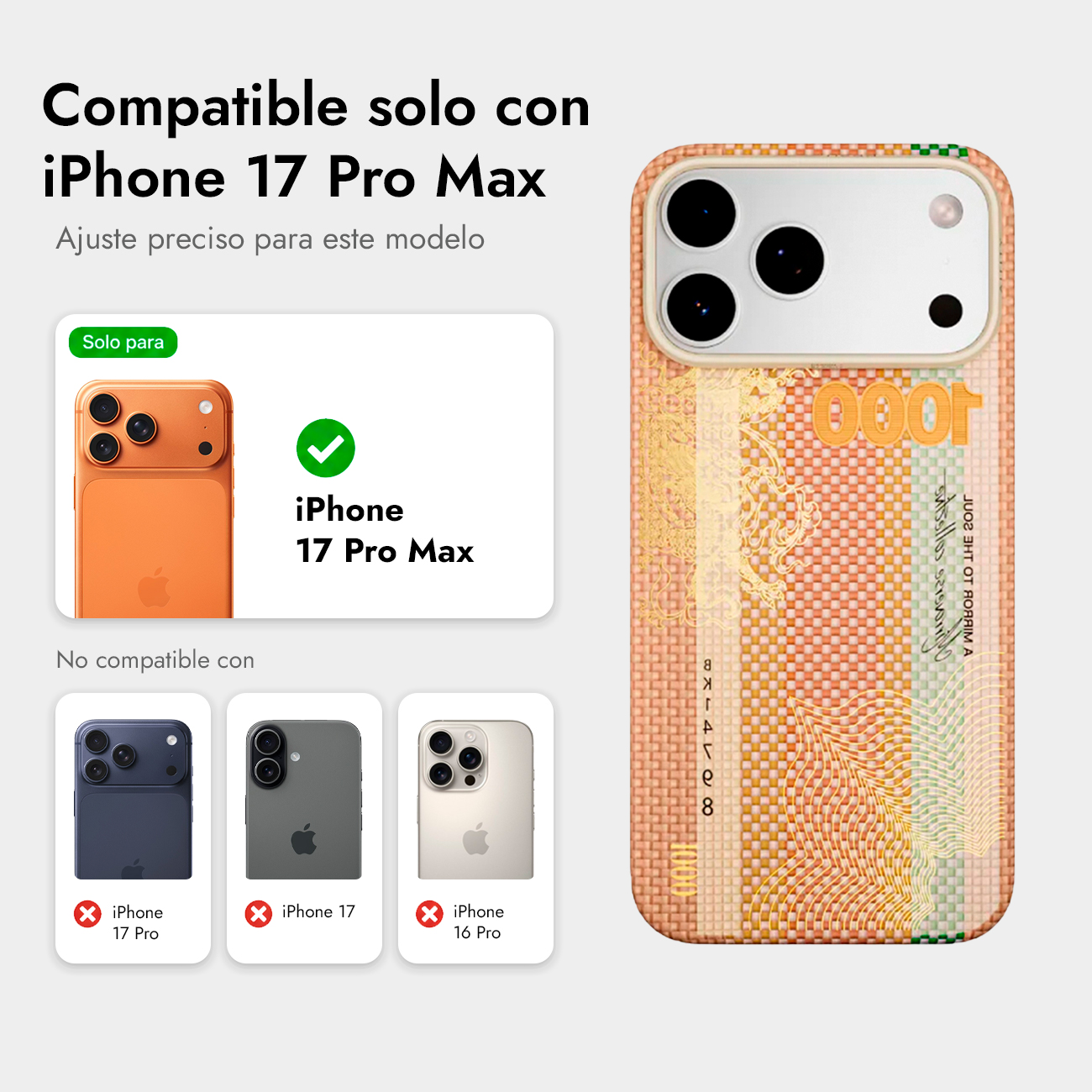 Funda iPhone 17 Pro Max con diseño de billete. Compatible solo con iPhone 17 Pro Max.
