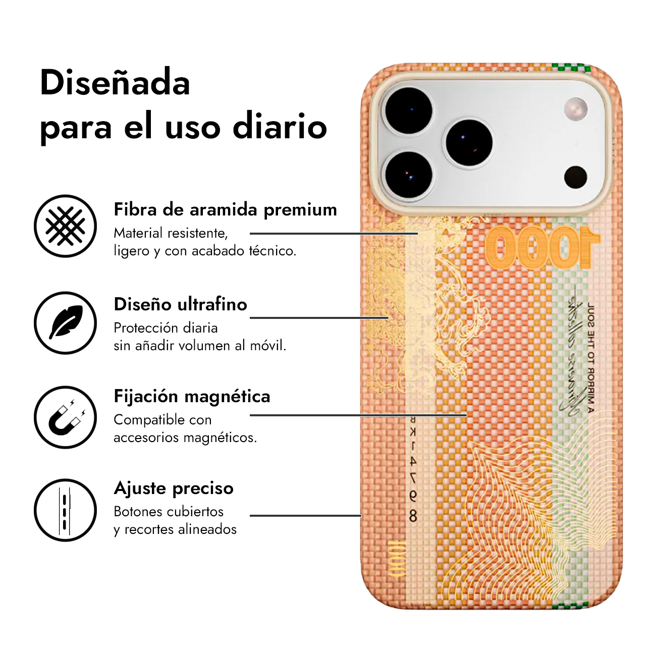 Una funda de teléfono con diseño de billete, naranja y dorado, con protección de cámara.
