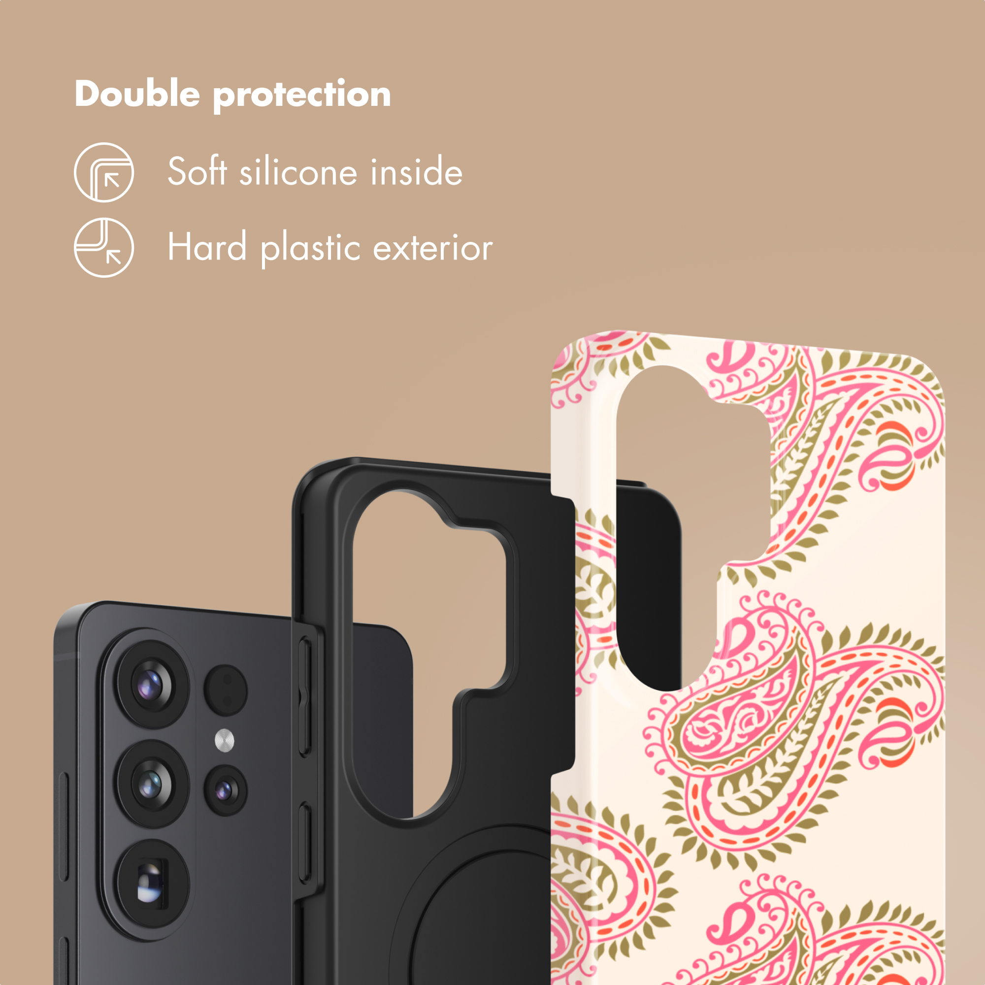 Uno smartphone grigio scuro con tre fotocamere accanto a una custodia nera con motivo cachemire.