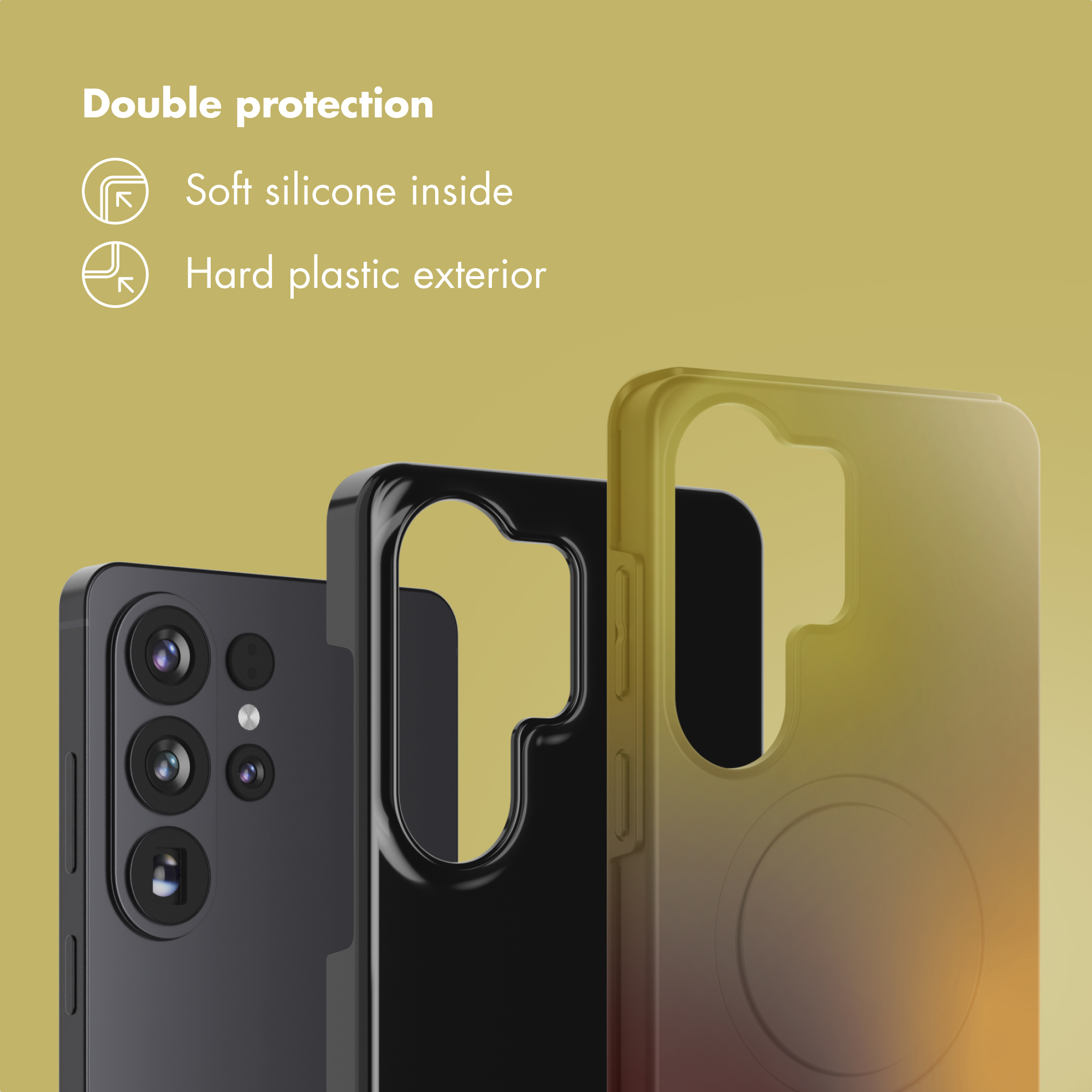 Uno smartphone nero con tre fotocamere accanto a due custodie per telefono.