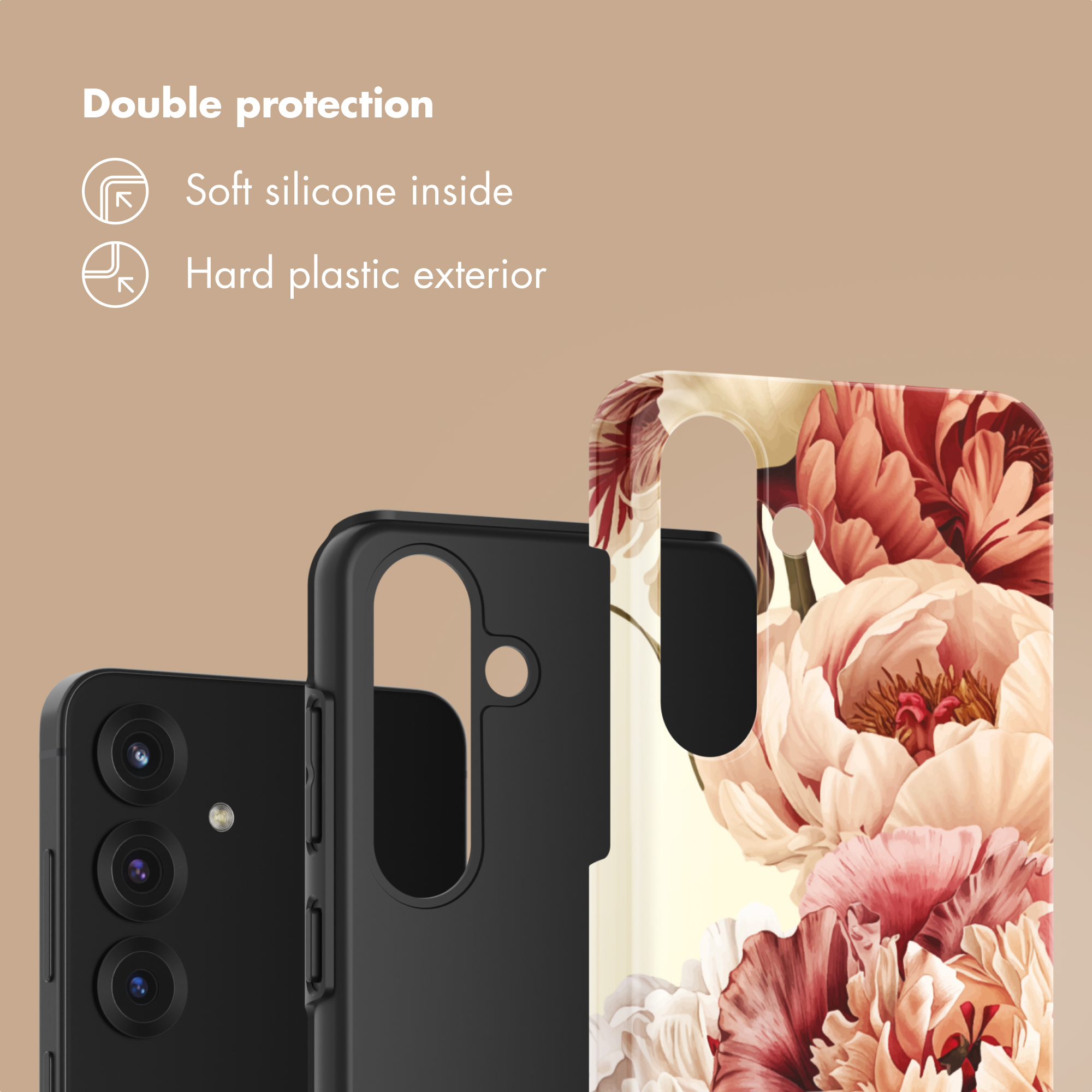 Un telefono nero con tre fotocamere accanto a una custodia con motivo floreale.