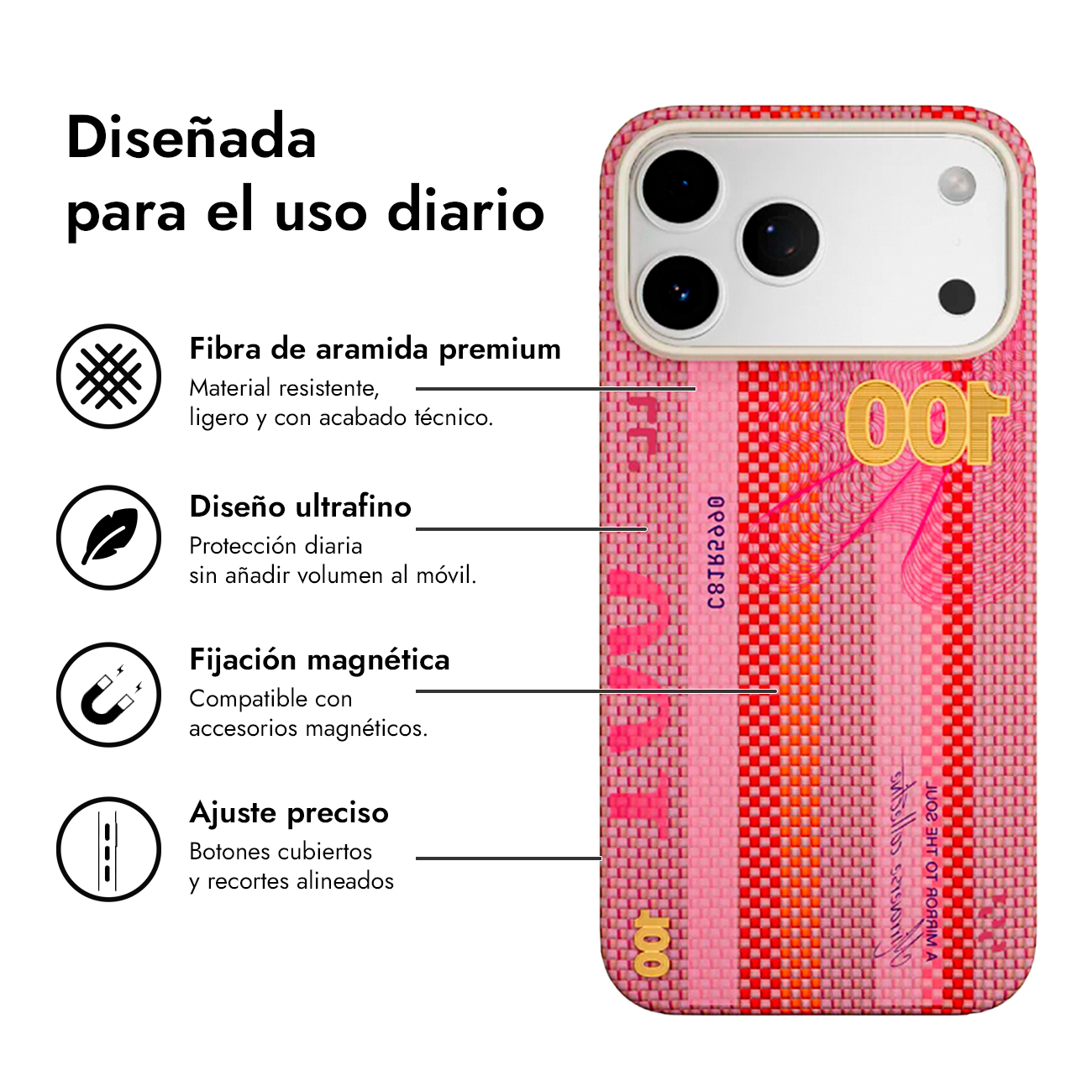Funda de teléfono con estampado de dinero rosa y naranja, orificio para cámara.