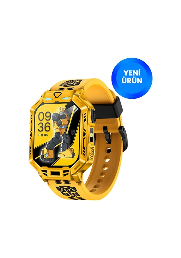 Sarı Bumblebee tasarımlı akıllı saat, 09:36 ve 06 Cuma gösteriyor.