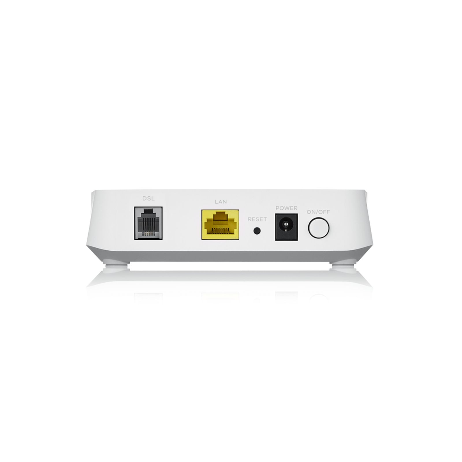 Ein weißer Router mit Anschlüssen für DSL, LAN, Strom und Reset-Taste.