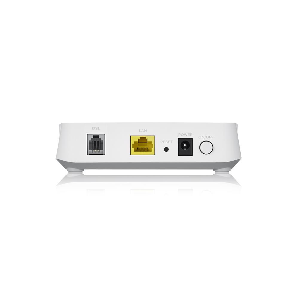 Ein weißer Router mit DSL-, LAN-, Strom- und Ein-/Aus-Anschlüssen.