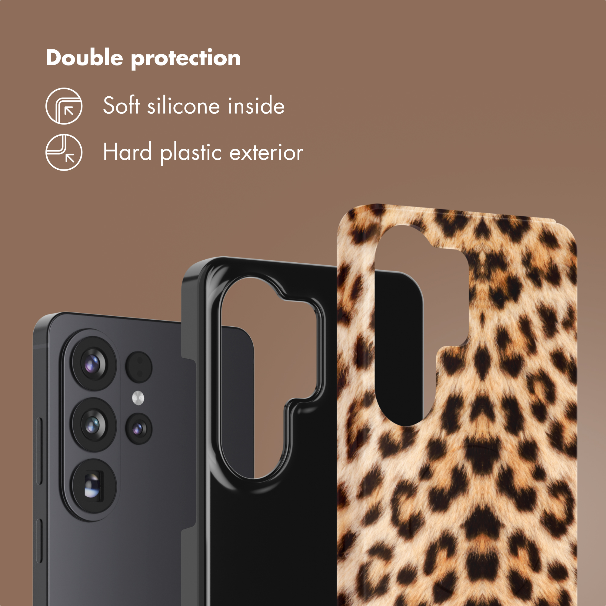 Un smartphone negro con funda de leopardo, con silicona suave en el interior.
