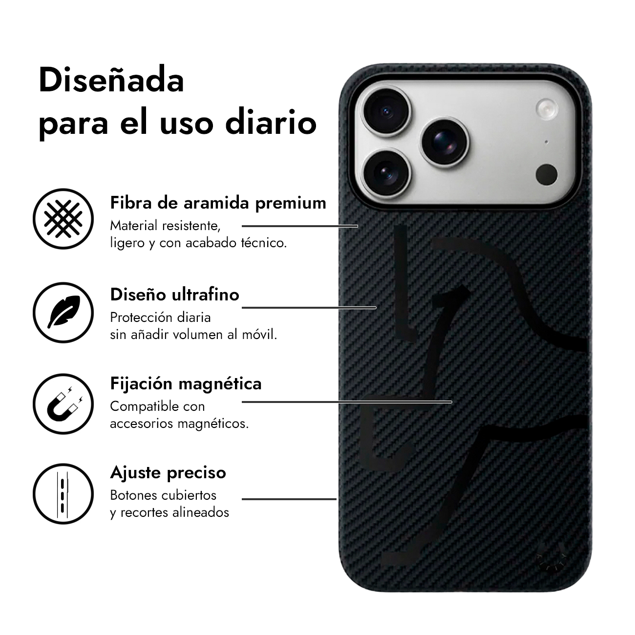 Funda negra para teléfono con recorte de cámara y gráficos de texto.