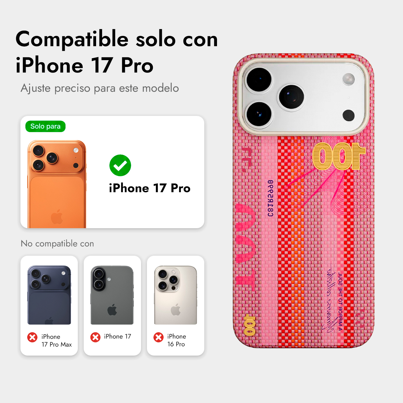 Funda iPhone 17 Pro con diseño billete 100 Yuan, solo compatible con iPhone 17 Pro.